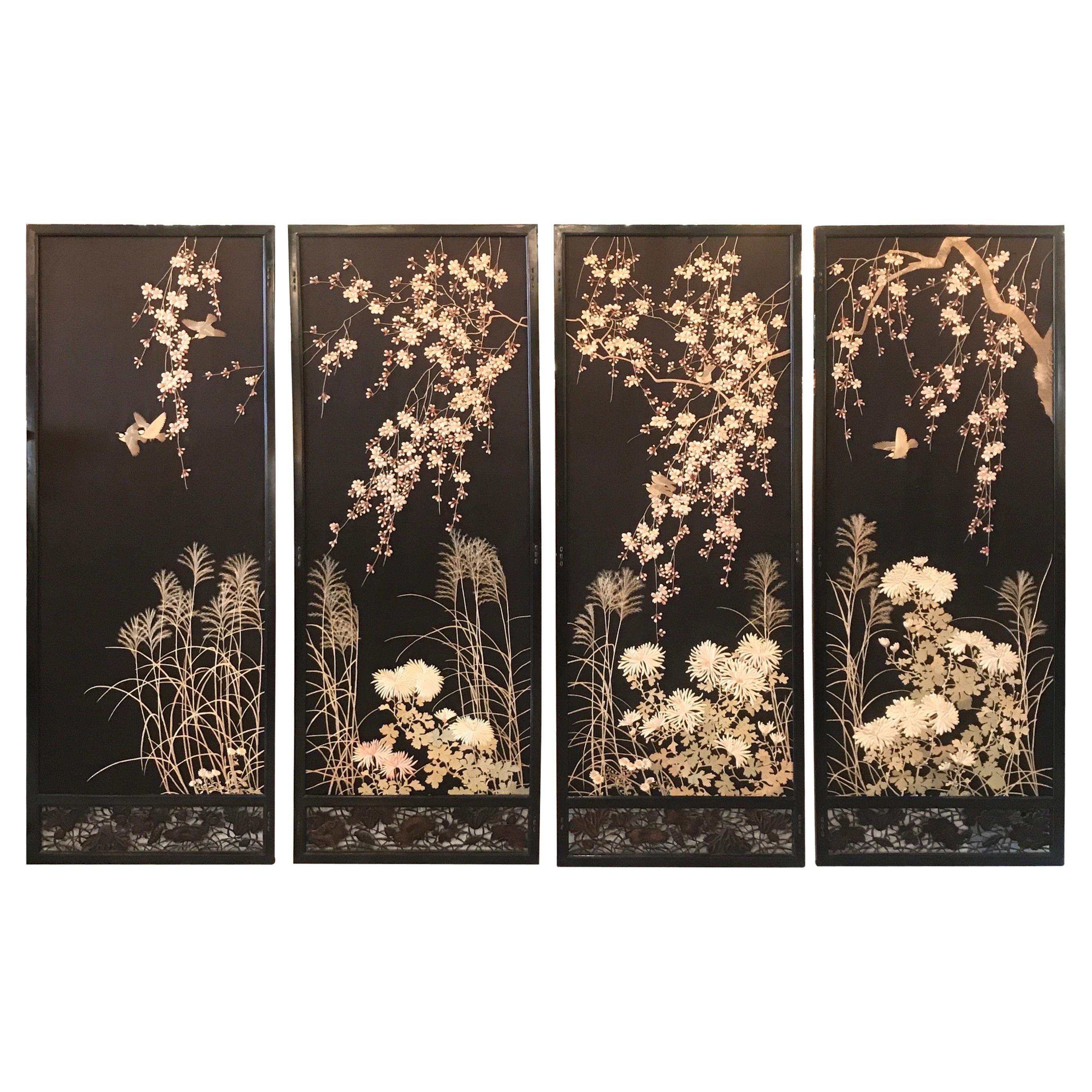 Magnificent Set of 4 Antique Japanese Silk Needlework Framed Panels, circa 1890