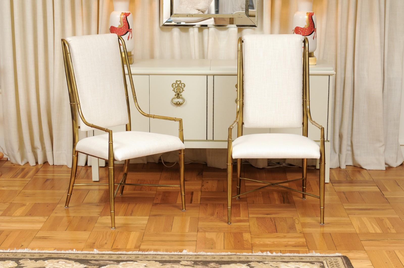 These magnificent dining chairs are shipped as professionally photographed and described in the listing narrative: Completely installation ready. Expert custom upholstery service available.

An exquisite set of eight (8) solid brass faux bamboo
