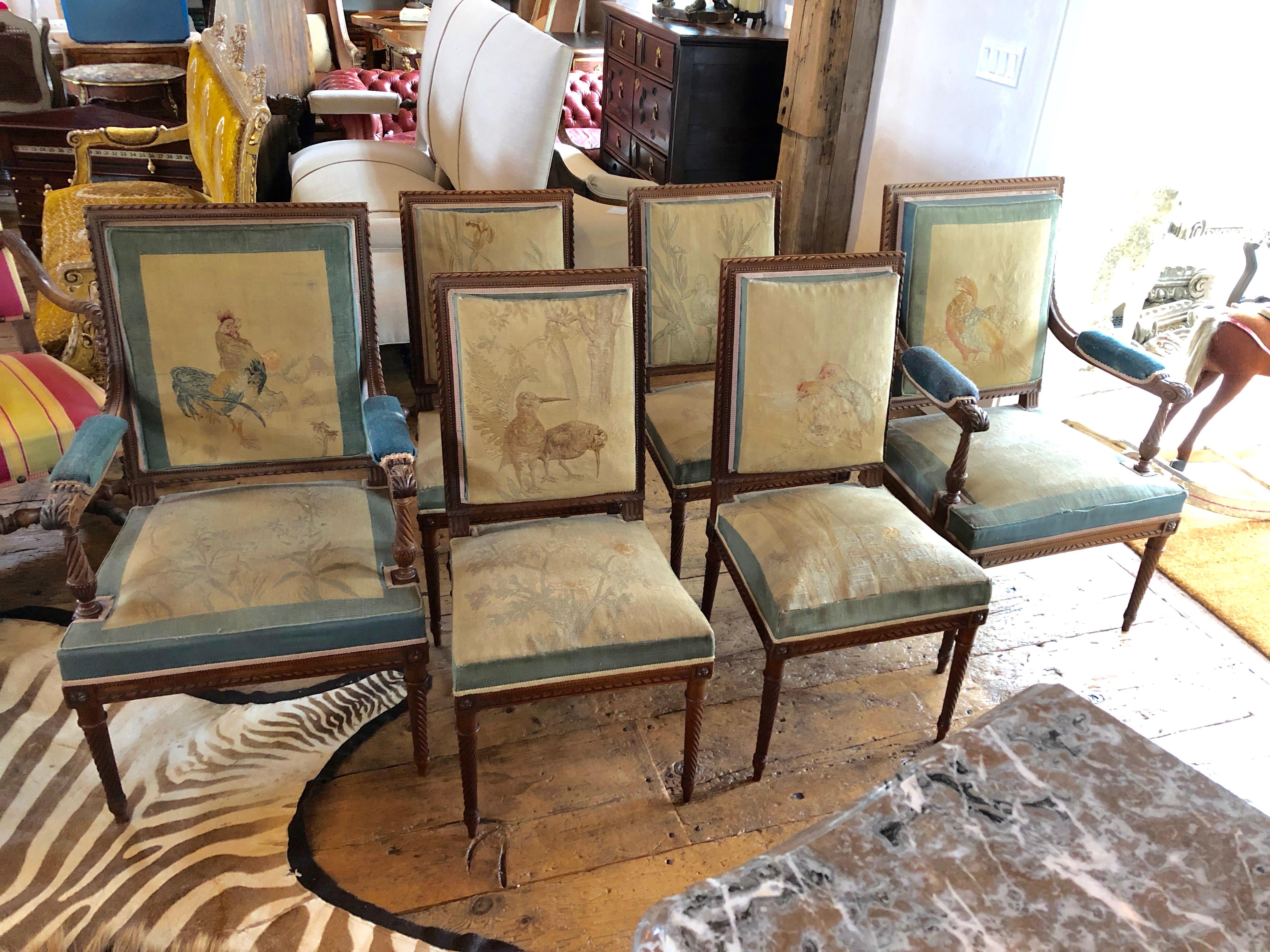 Magnificent Set of French Antique Louis XVI Aubusson Tapestry Dining Chairs 13