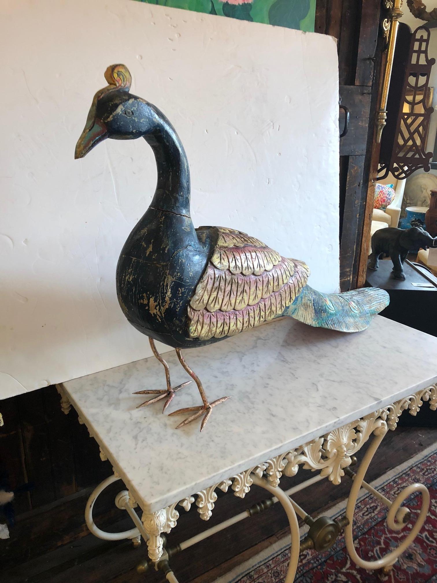 Folk Art Magnificent Show Stealer Large Peacock Sculpture