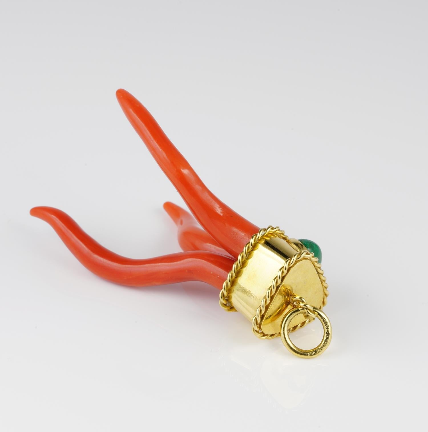 Contemporary Magnificent Signed Vintage Coral Cornetto Emerald Pendant with Long Chain