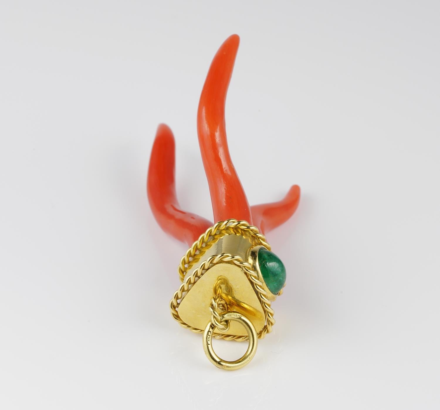 Magnificent Signed Vintage Coral Cornetto Emerald Pendant with Long Chain In Good Condition In Napoli, IT