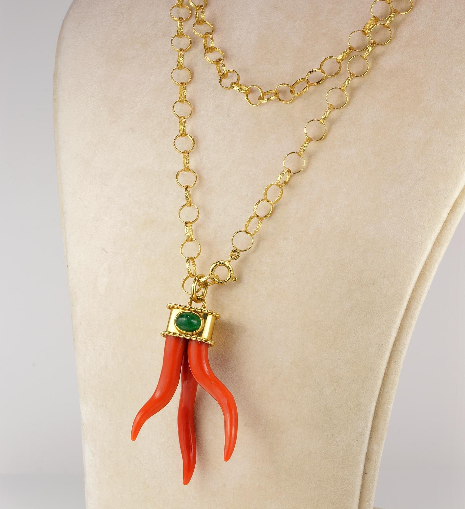 Women's or Men's Magnificent Signed Vintage Coral Cornetto Emerald Pendant with Long Chain