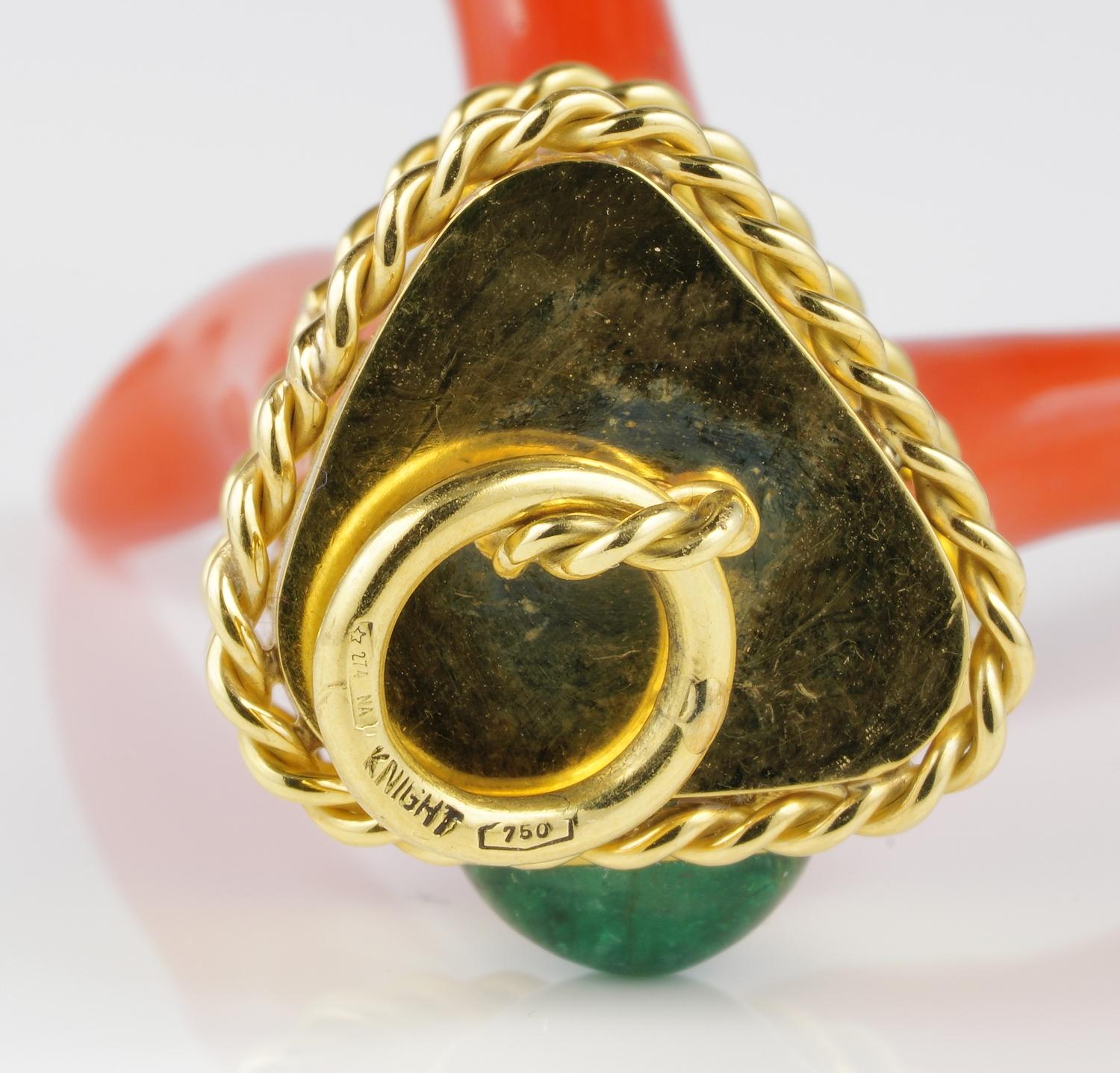 Magnificent Signed Vintage Coral Cornetto Emerald Pendant with Long Chain 3