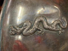 Magnificent Silver Large Dragon Chinese Qing Bowl Precious Stones