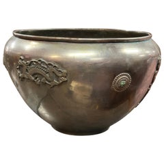 Magnificent Silver Large Dragon Chinese Qing Bowl Precious Stones