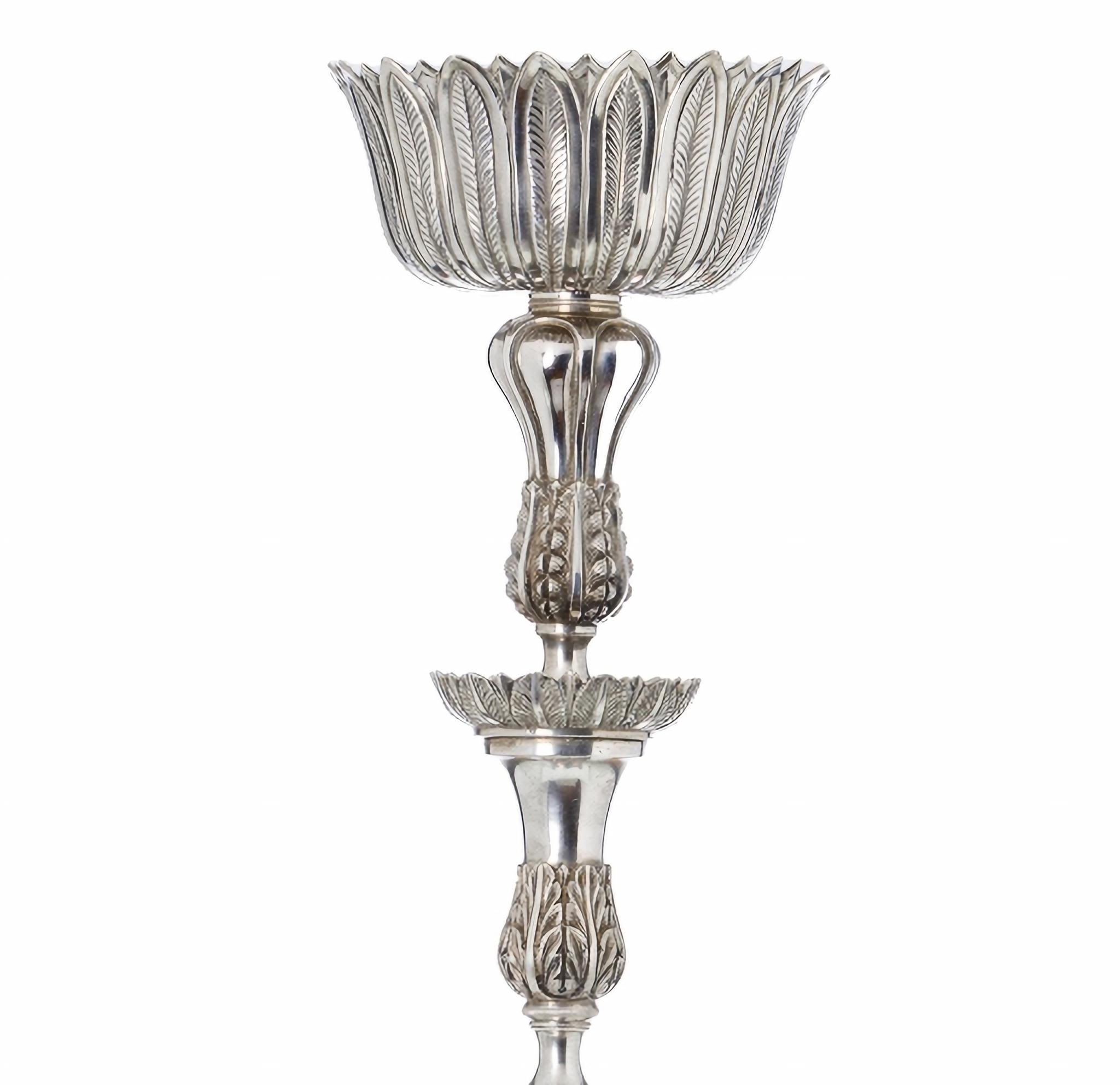 Hand-Carved MAGNIFICENT SILVER TORCH HOLDER  Portuguese, 19th Century For Sale
