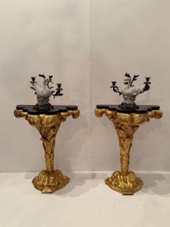 Magnificent Small Giltwood & Black Laquer Consoles in the Manner of Serge Roche