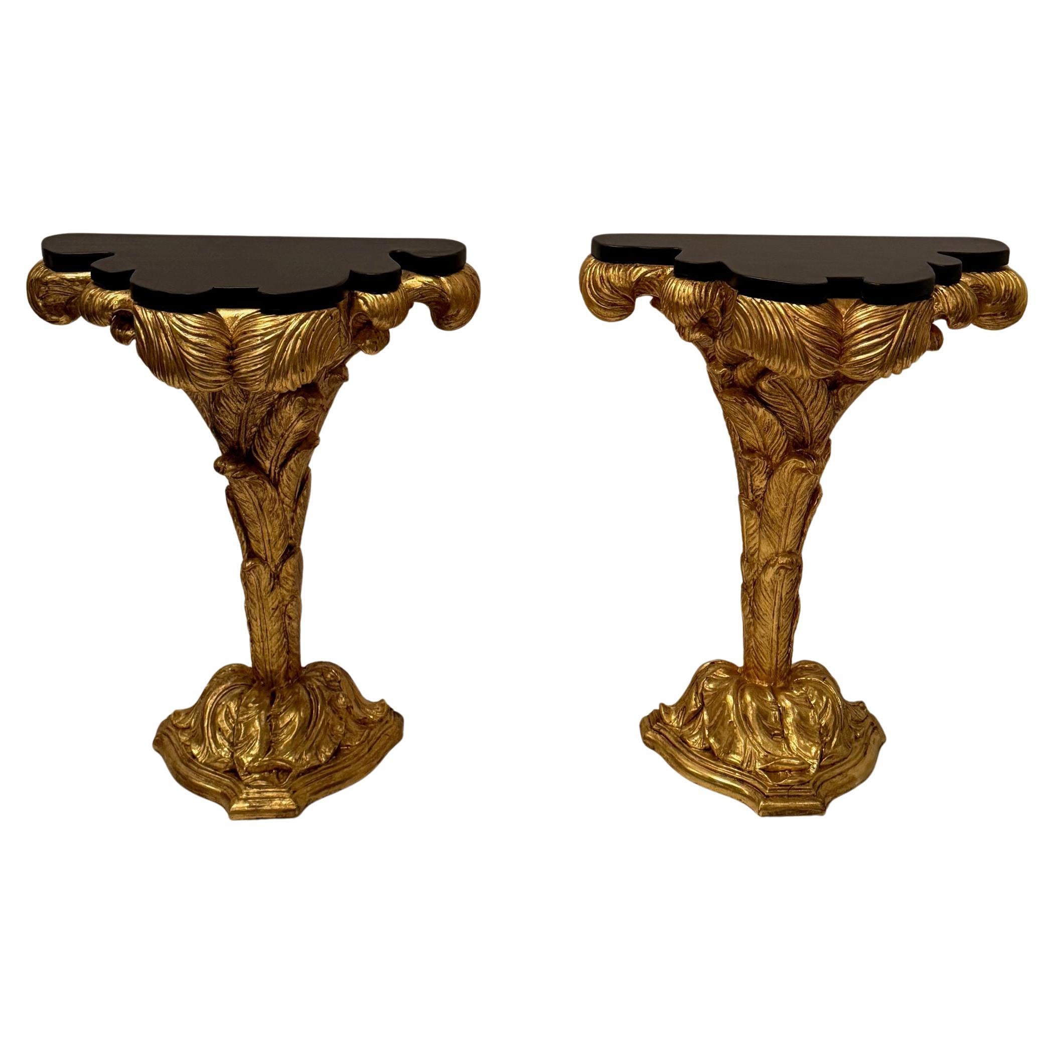 Magnificent Small Giltwood & Black Laquer Consoles in the Manner of Serge Roche For Sale
