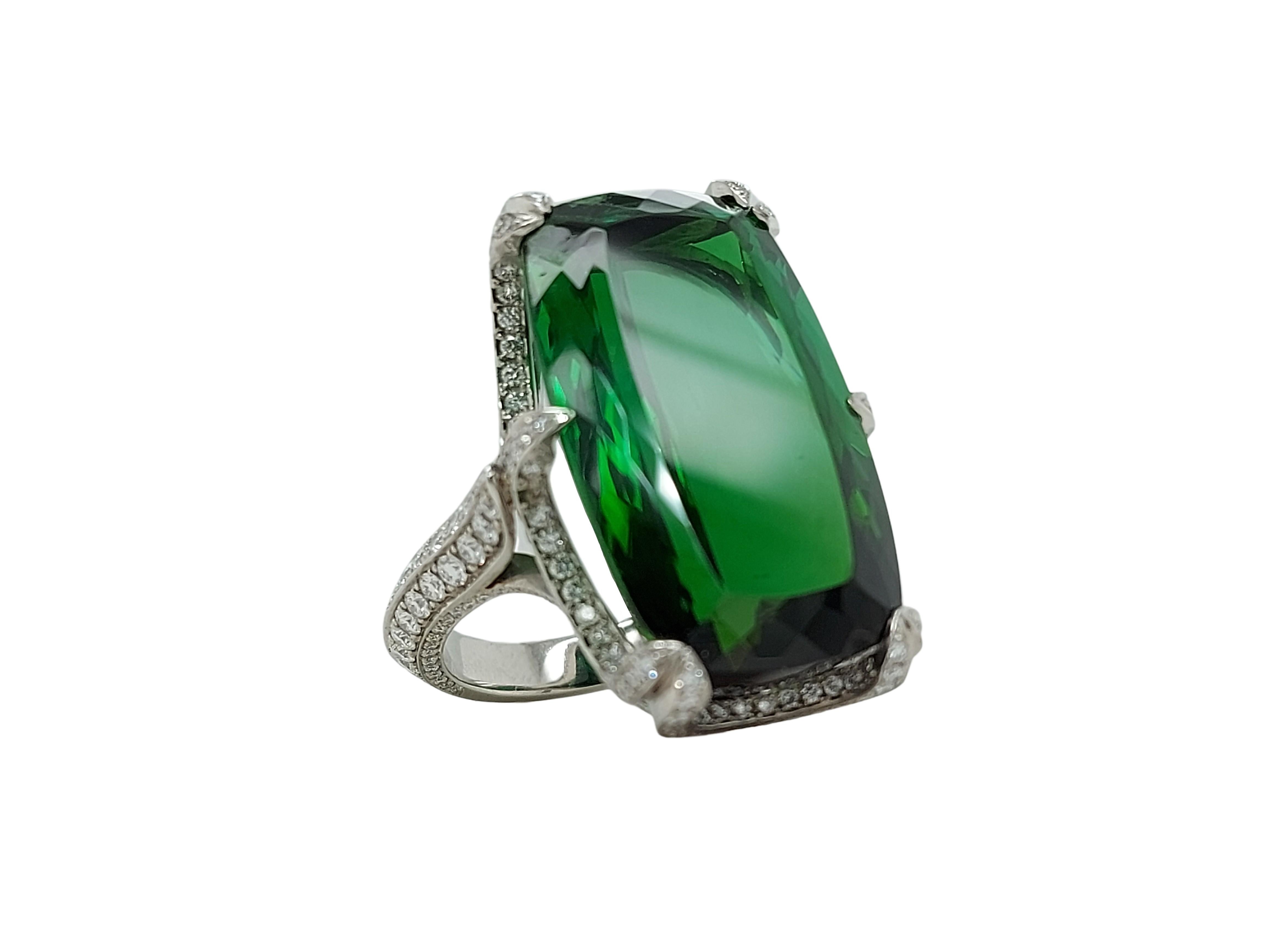 Magnificent Solid Platinum Ring with 45 Carat Tourmaline & Diamonds For Sale 3