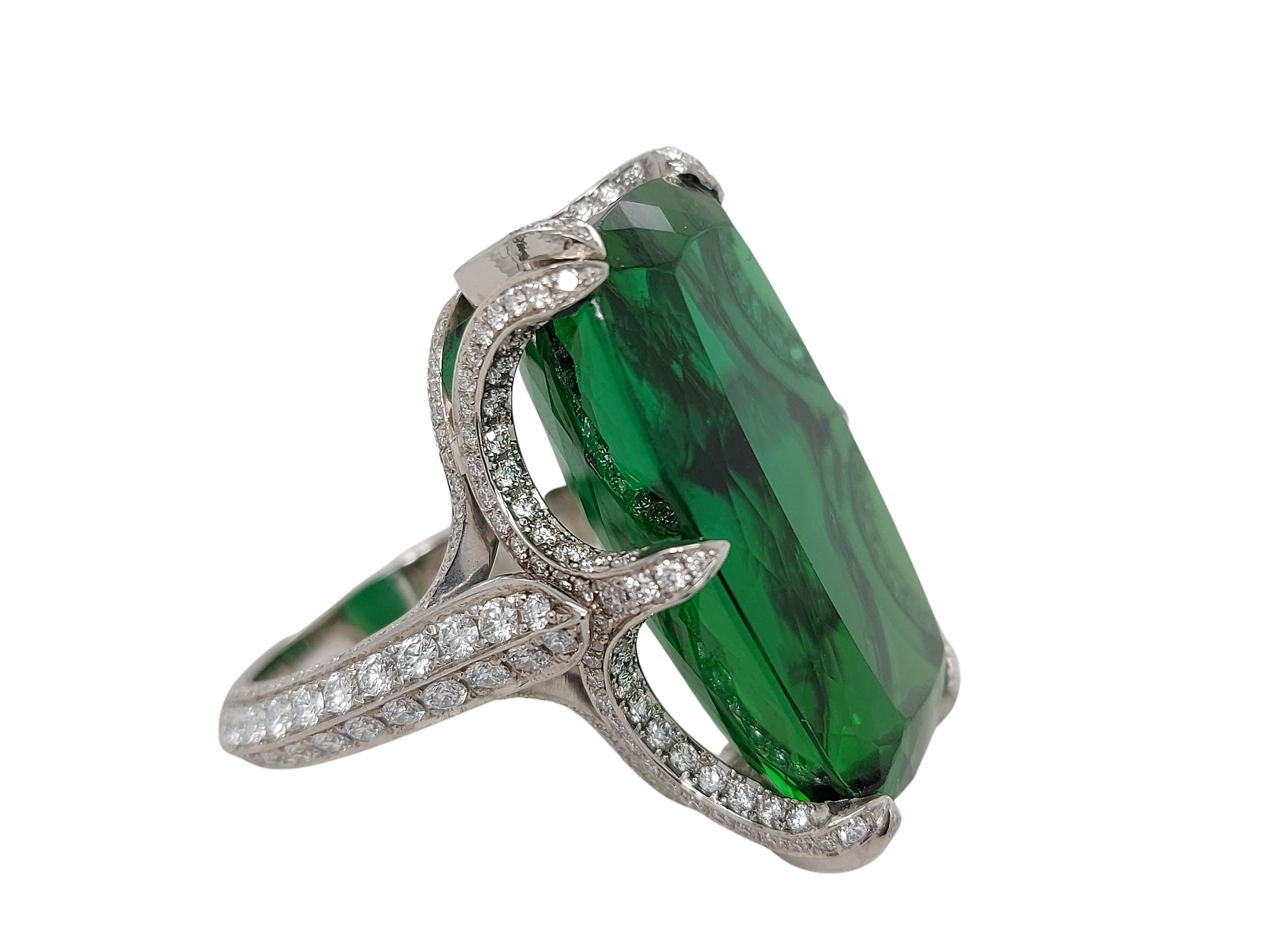 Magnificent Solid Platinum Ring with 45 Carat Tourmaline & Diamonds For Sale 5