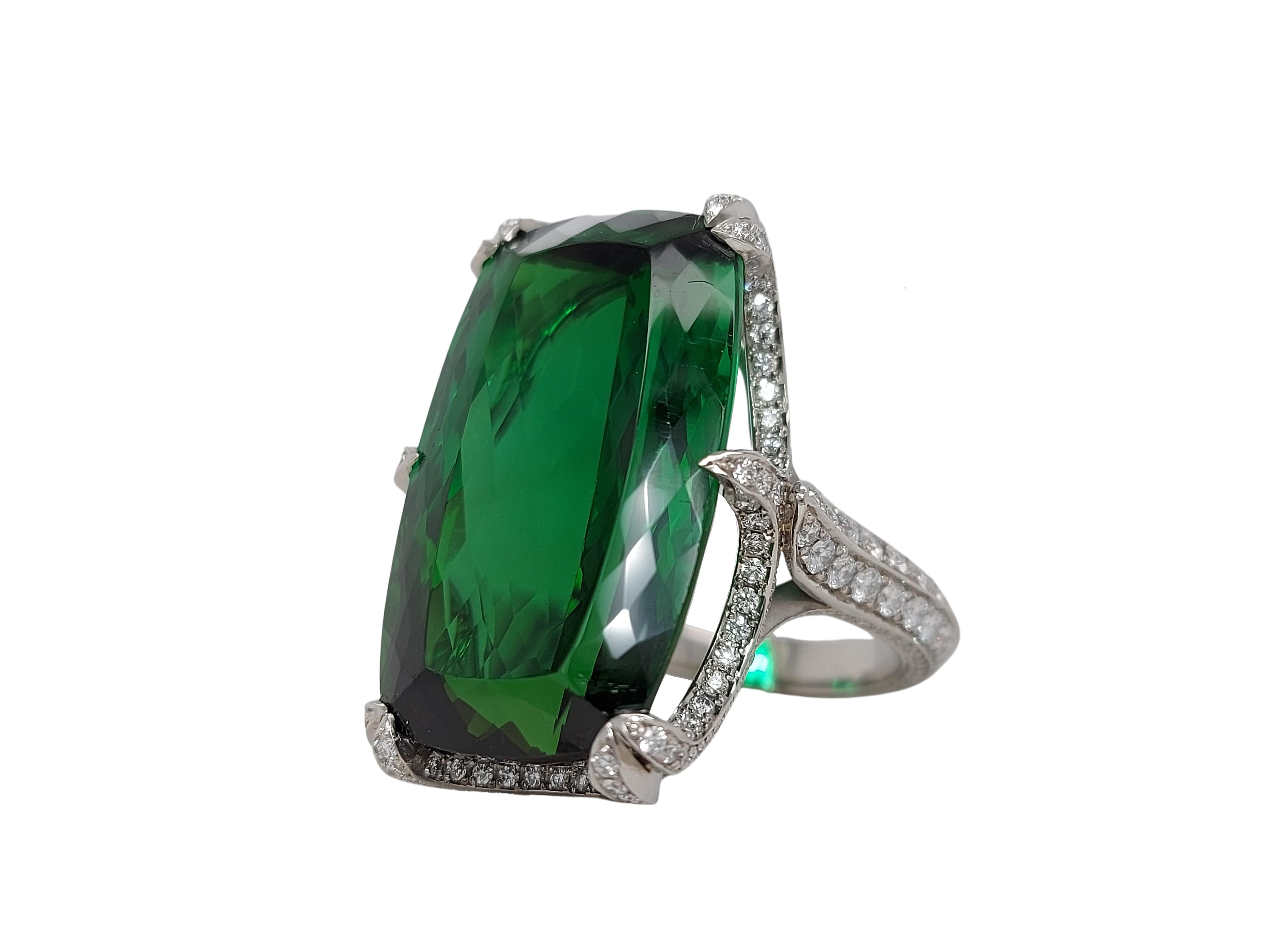 Magnificent Solid Platinum Ring with 45 Carat Tourmaline & Diamonds For Sale 6