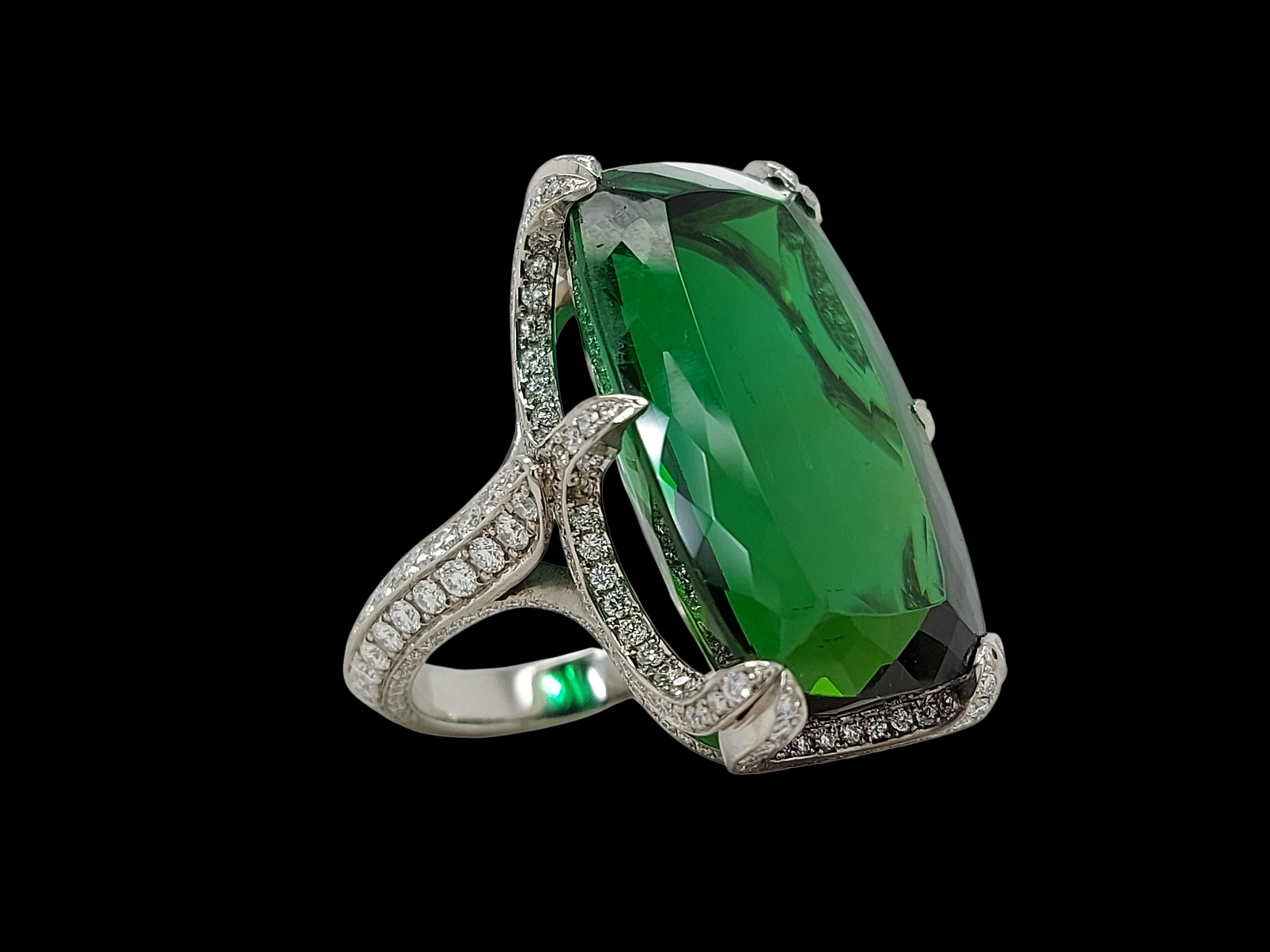 Magnificent Solid Platinum Ring with 45 Carat Tourmaline & Diamonds For Sale 7