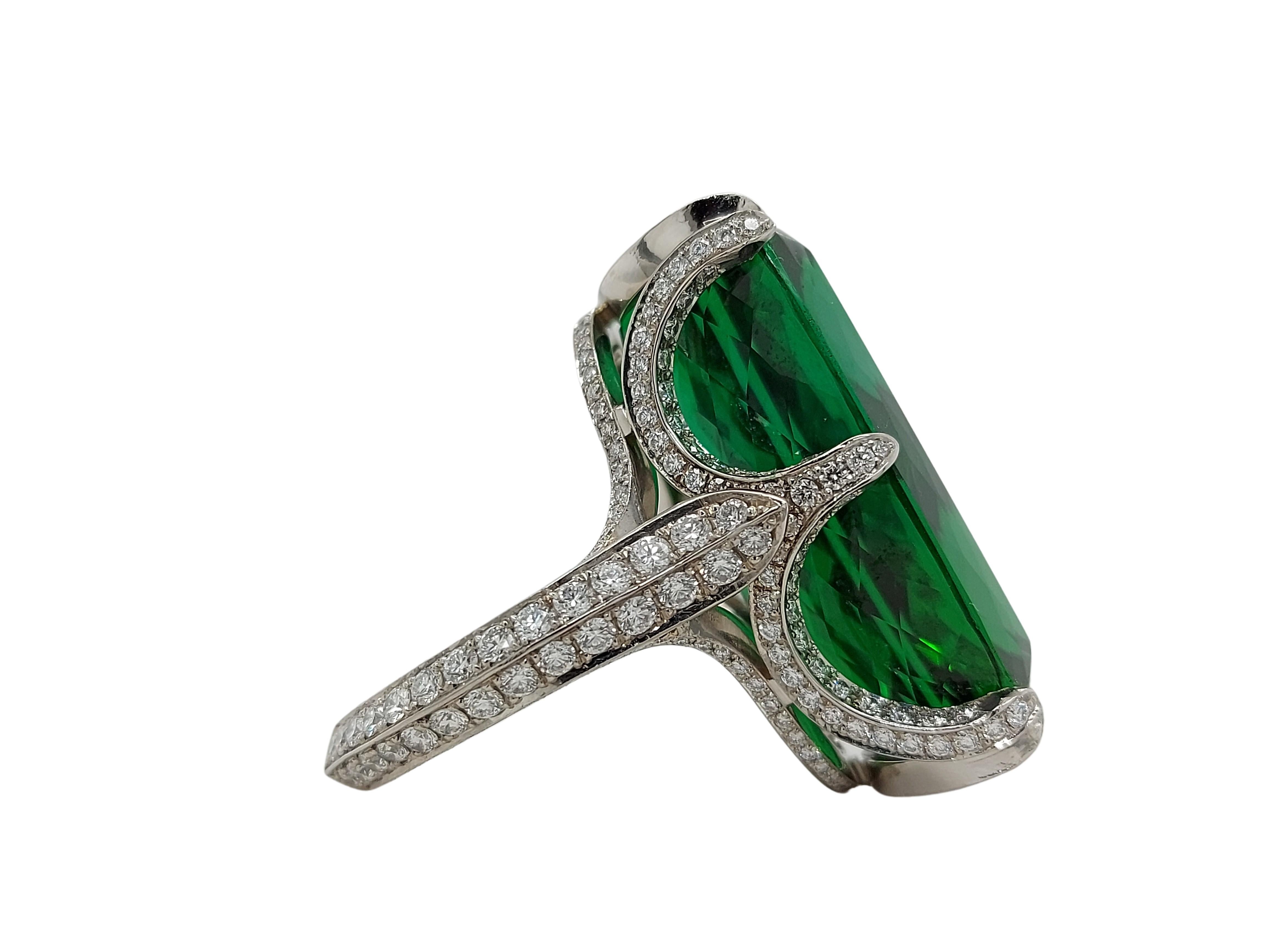 Artisan Magnificent Solid Platinum Ring with 45 Carat Tourmaline & Diamonds For Sale
