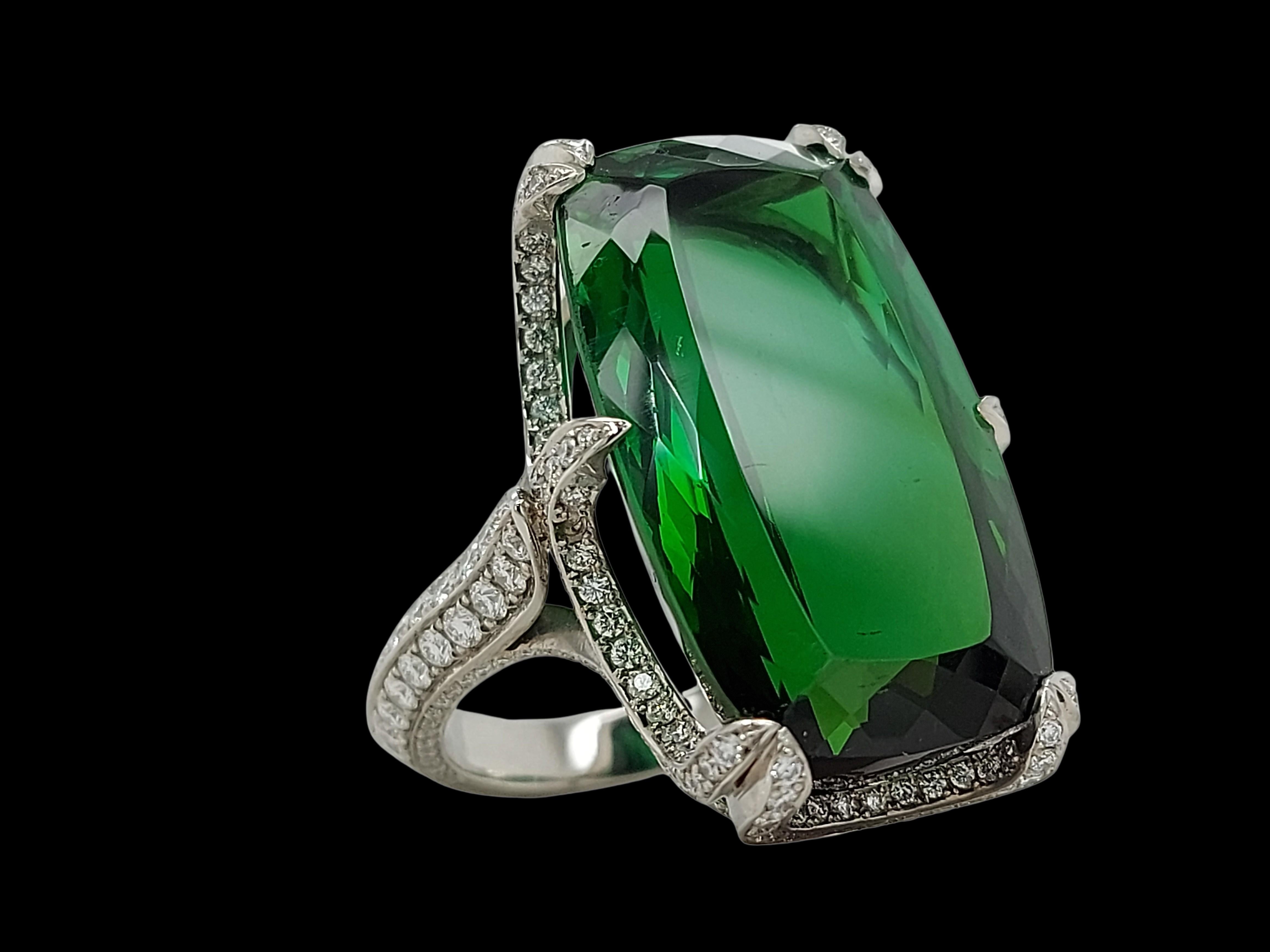 Magnificent Solid Platinum Ring with 45 Carat Tourmaline & Diamonds For Sale 1