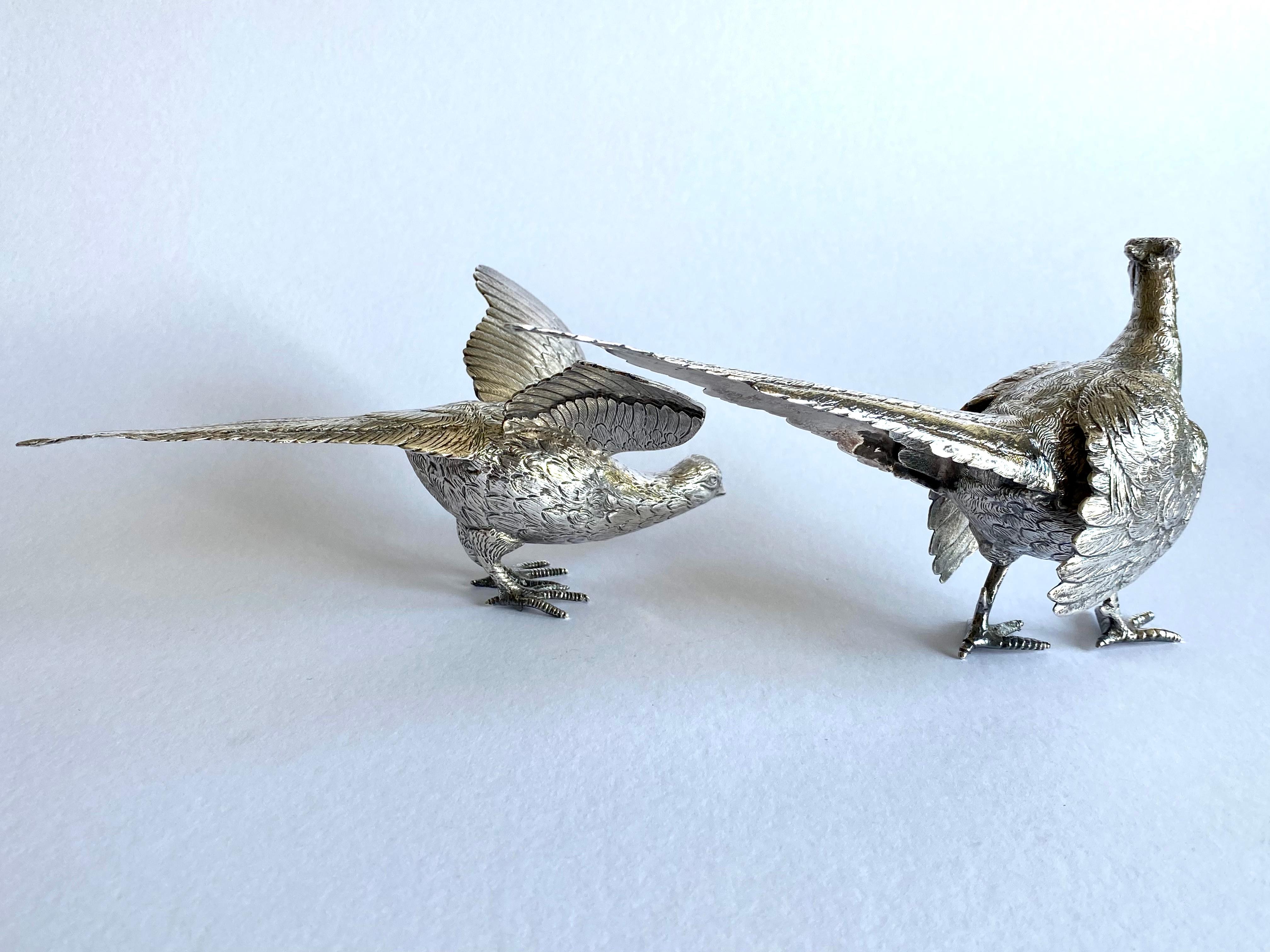Magnificent Solid Silver Sterling Pair Pheasants London 1968 4