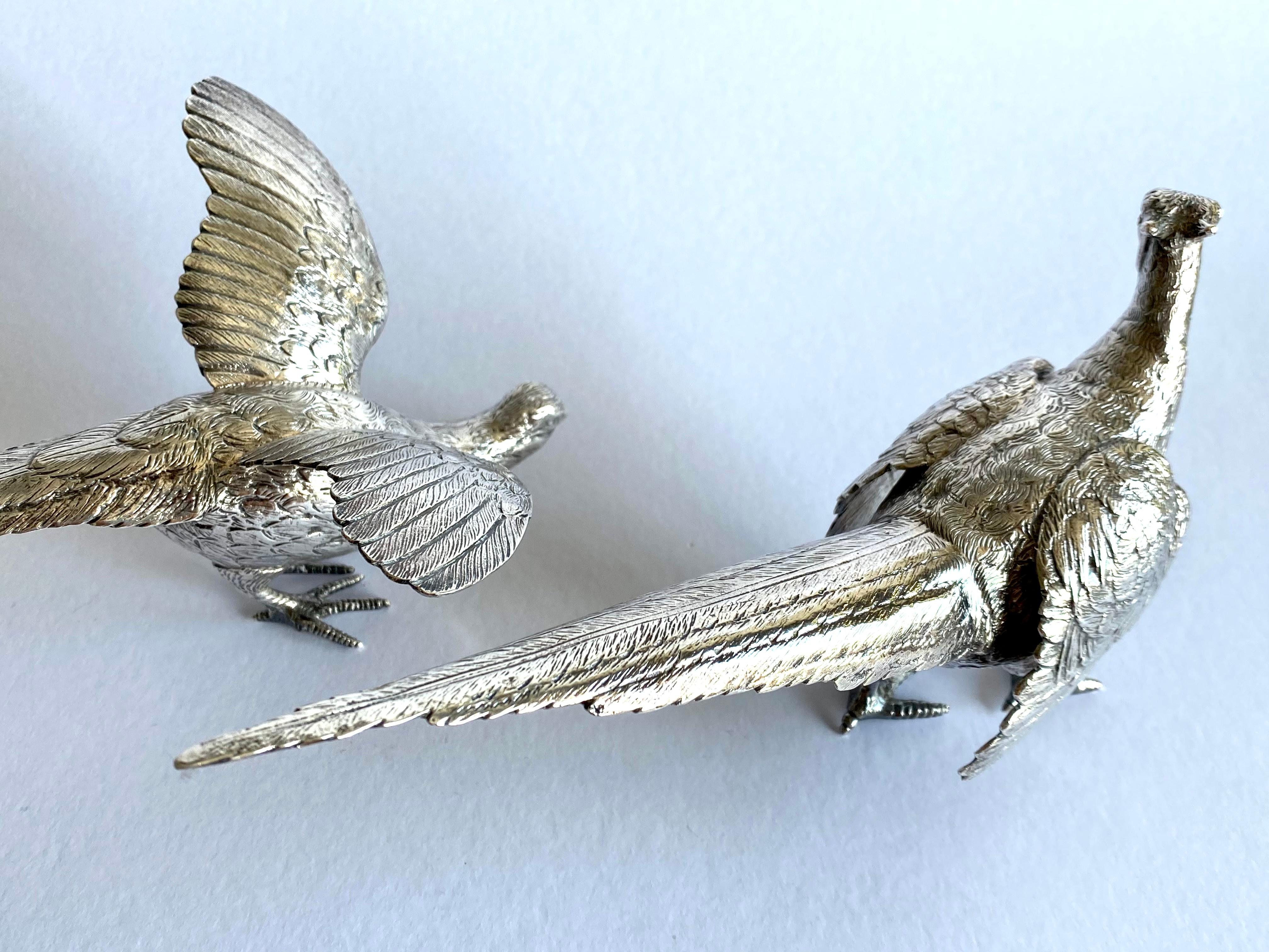 Magnificent Solid Silver Sterling Pair Pheasants London 1968 5