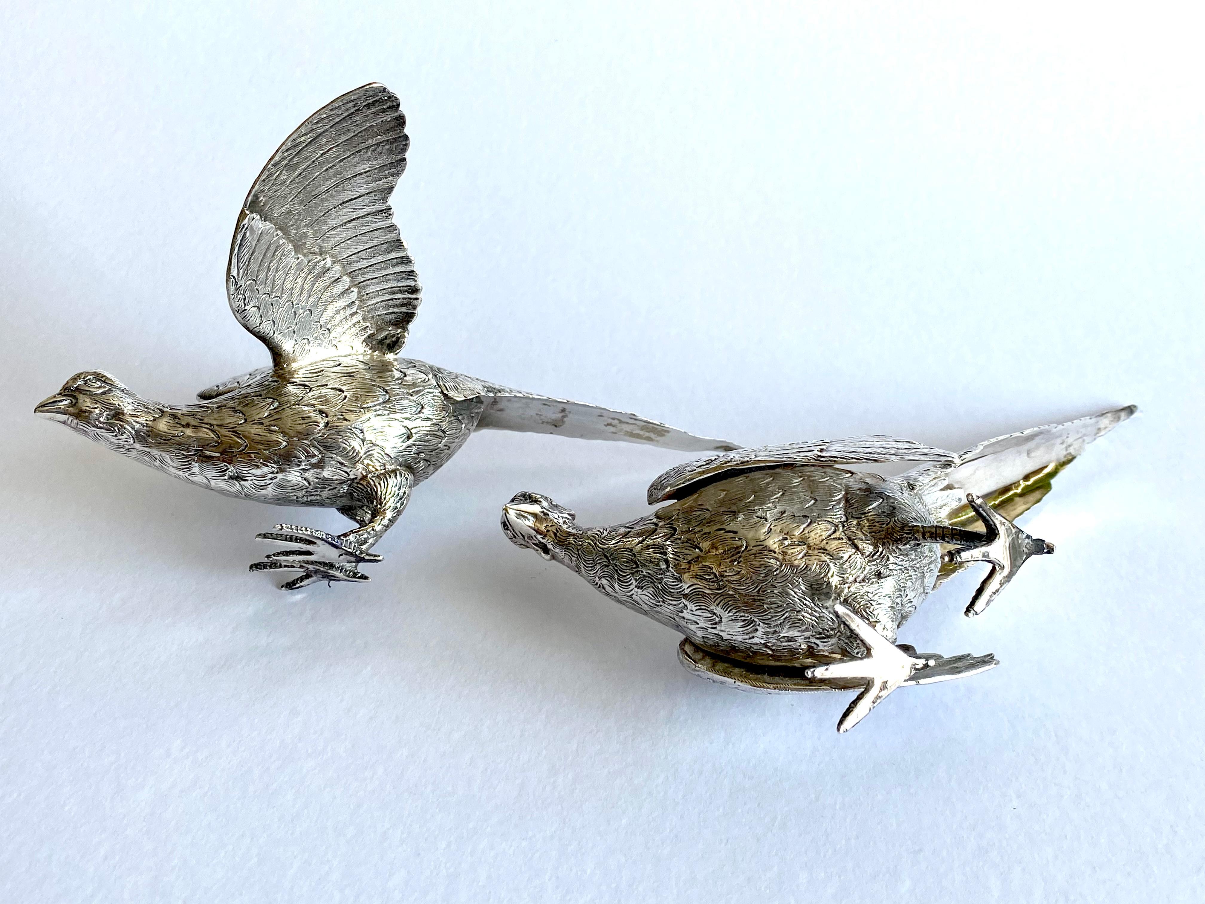 Magnificent Solid Silver Sterling Pair Pheasants London 1968 6