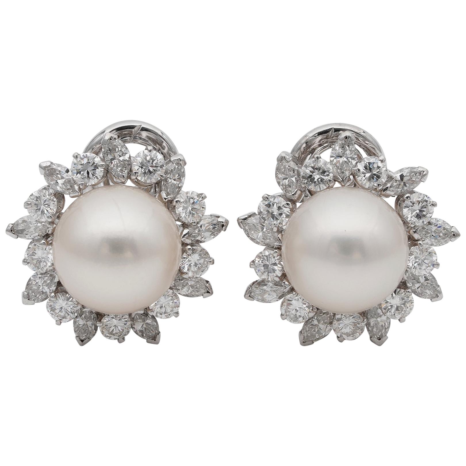 Magnificent South Sea Pearl 3.20 Carat Diamond Vintage Earrings For Sale