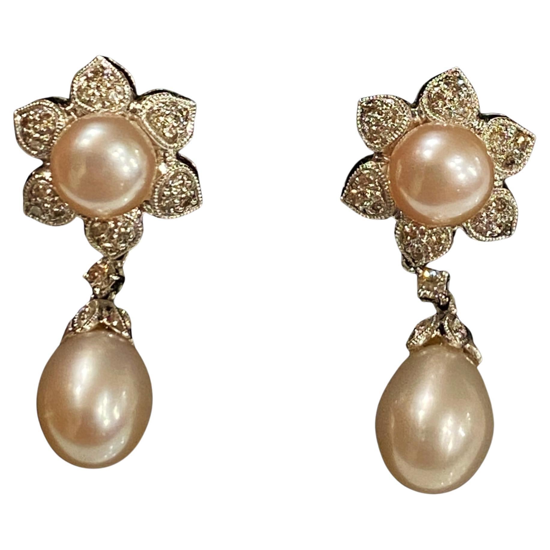 Women's Magnificent South Sea Pearl, Diamond, 18K White Gold Drop Pendant Earrings For Sale