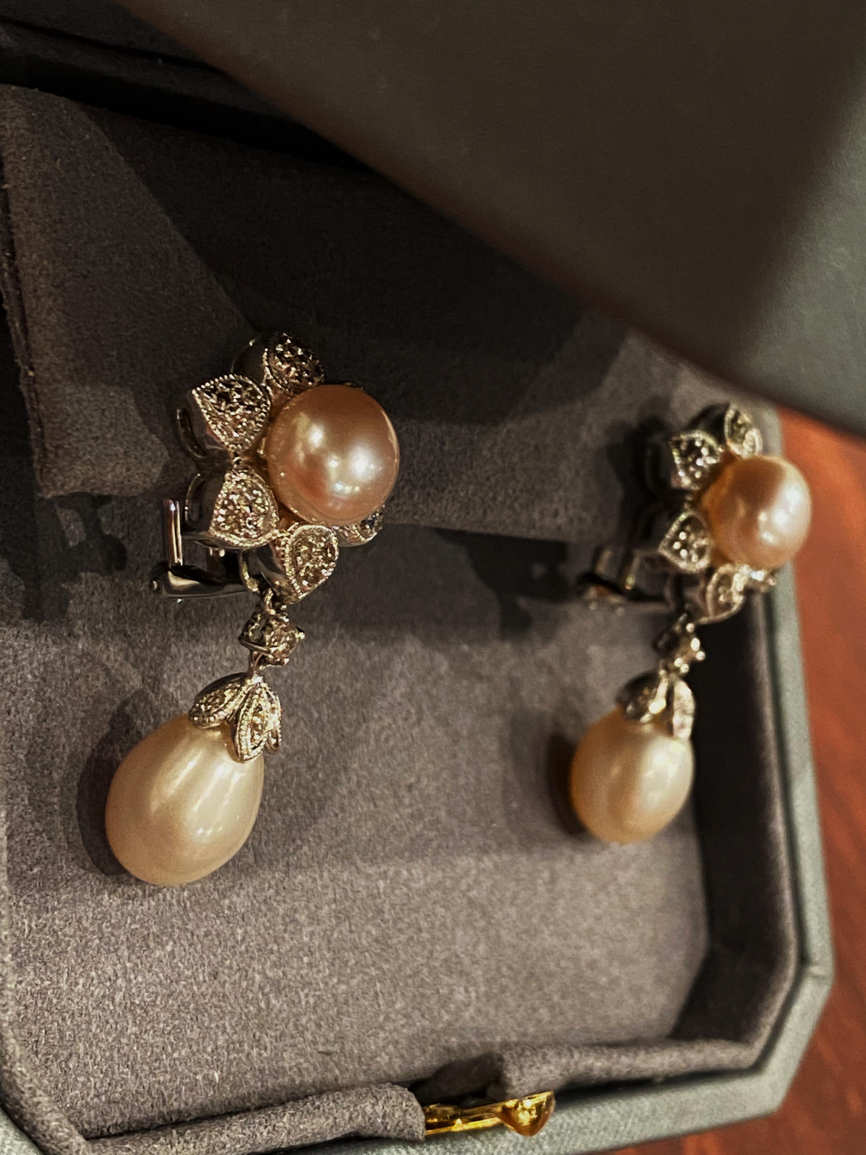 Modern Magnificent South Sea Pearl, Diamond, 18K White Gold Drop Pendant Earrings For Sale