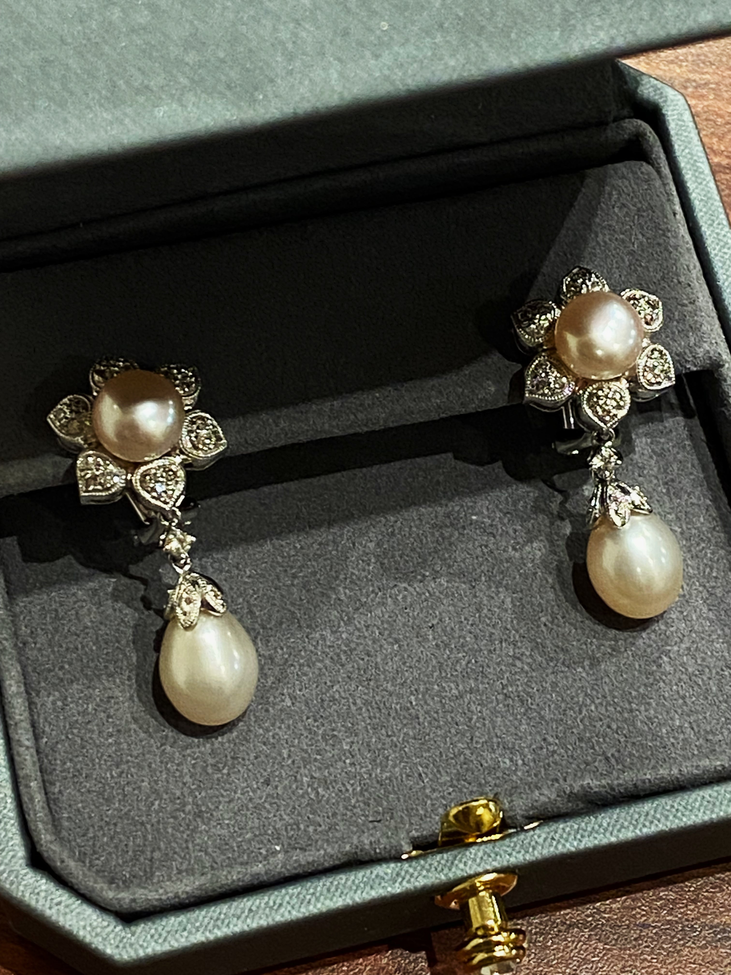 Magnificent South Sea Pearl, Diamond, 18K White Gold Drop Pendant Earrings