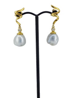 Magnificent South Sea Pearl, Diamond, 18K Yellow Gold Drop Pendant Earrings
