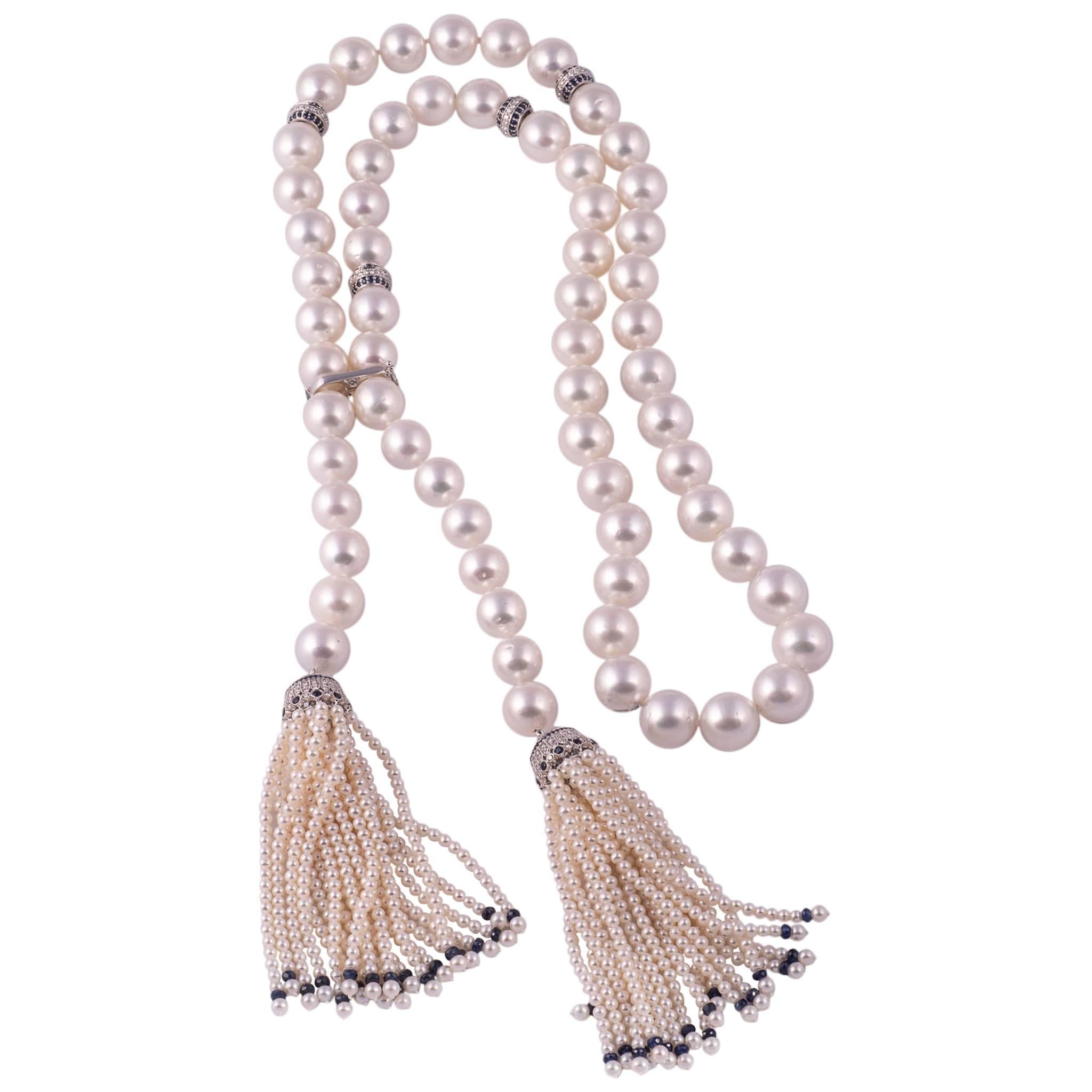 Magnificent South Sea Pearl, Sapphire and Diamond Tassel Necklace