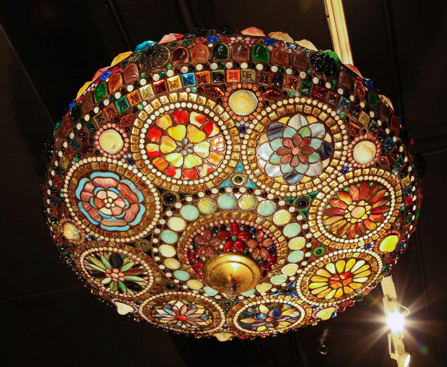 Magnificent Stained Tiffany Leaded Glass Ceiling Chandelier Mount, circa 1960 8