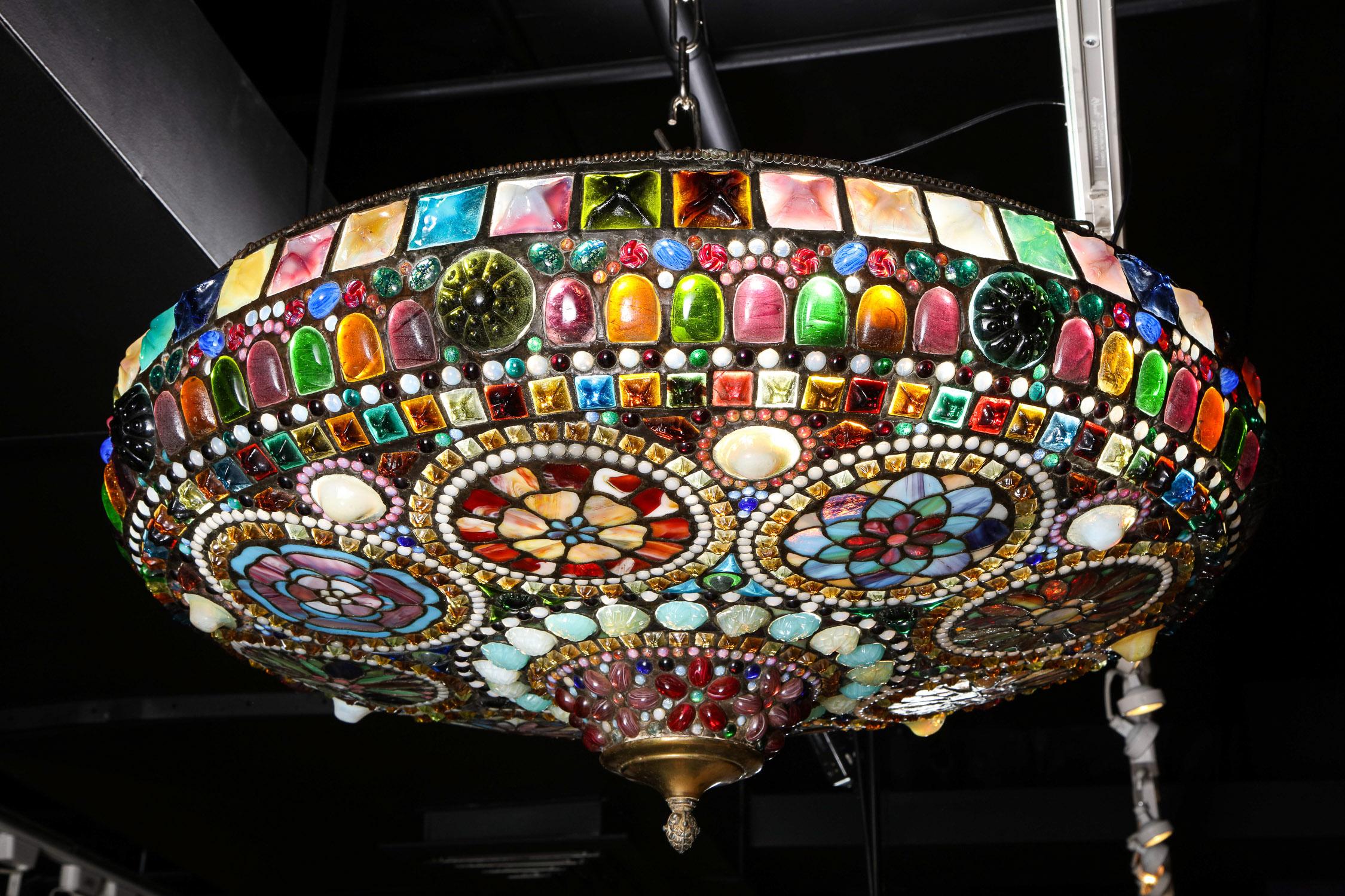 Magnificent Stained Tiffany Leaded Glass Ceiling Chandelier Mount, circa 1960 11