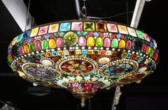 Magnificent Stained Tiffany Leaded Glass Ceiling Chandelier Mount, circa 1960