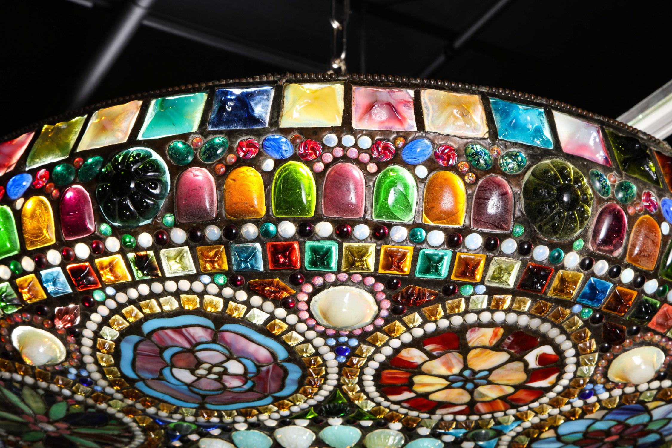 Magnificent Stained Tiffany Leaded Glass Ceiling Chandelier Mount, circa 1960 12