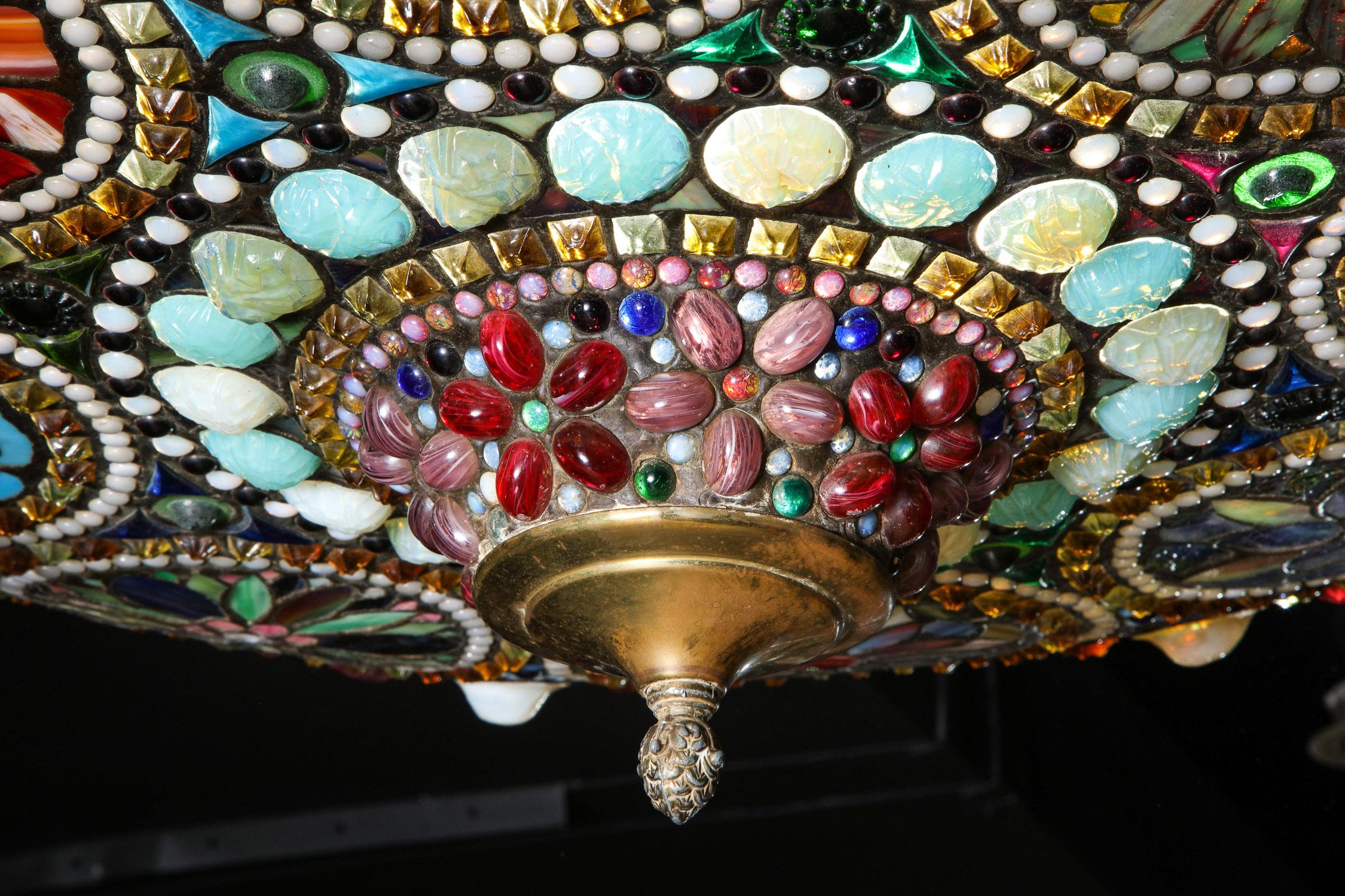 Magnificent Stained Tiffany Leaded Glass Ceiling Chandelier Mount, circa 1960 In Good Condition In New York, NY