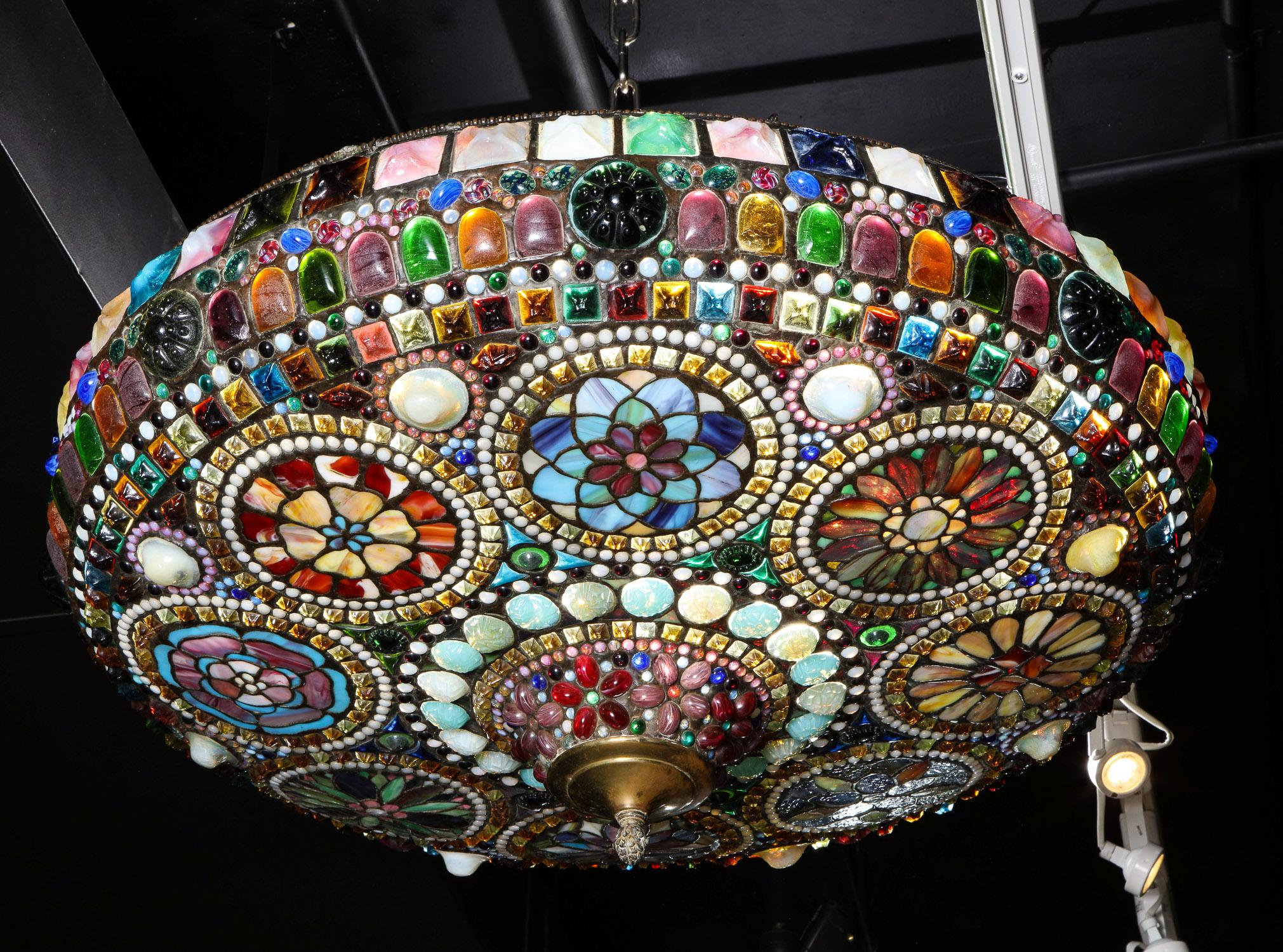 20th Century Magnificent Stained Tiffany Leaded Glass Ceiling Chandelier Mount, circa 1960