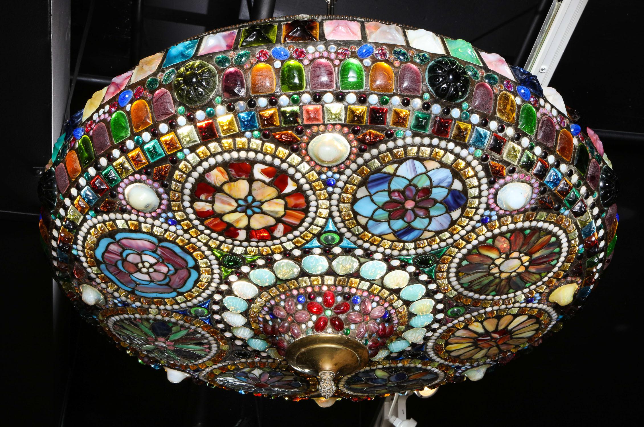 Magnificent Stained Tiffany Leaded Glass Ceiling Chandelier Mount, circa 1960 1