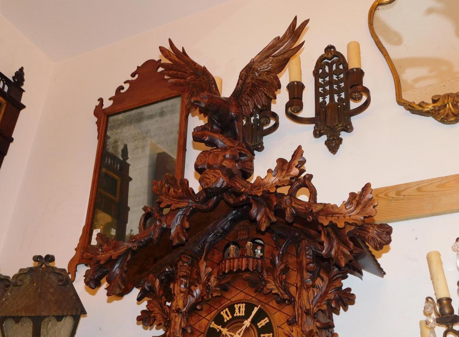 Hand-Carved Magnificent German Black Forest Spread Winged Eagle Cuckoo Wall Clock, 20th Cent