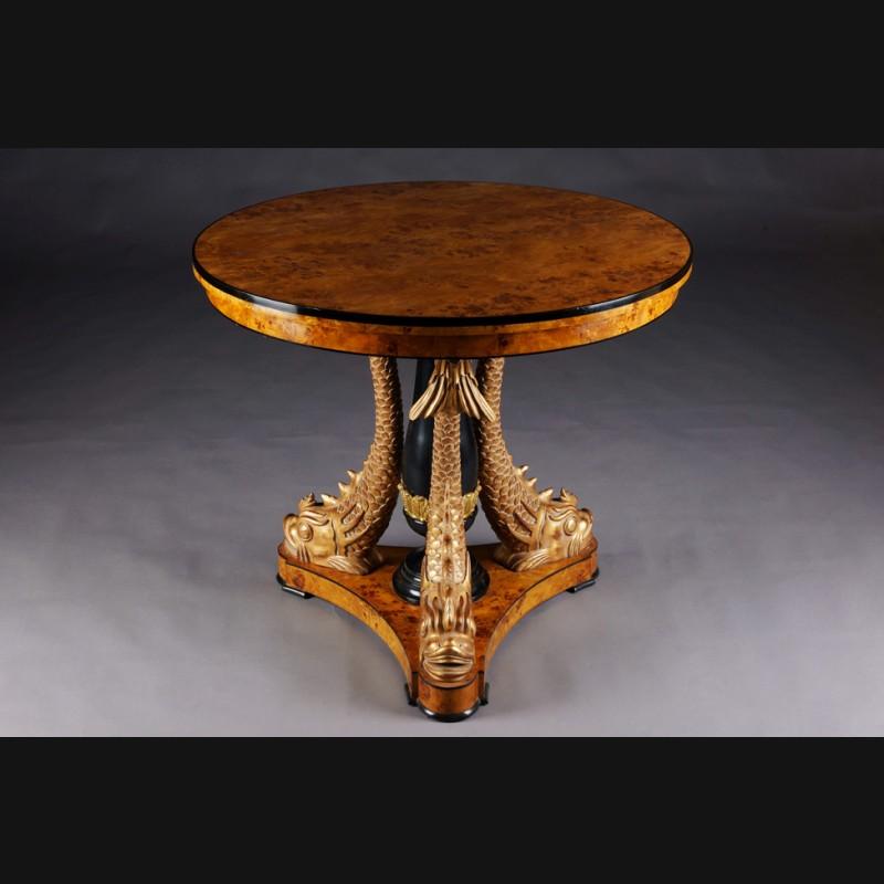 French Magnificent Table with Dolphins in Empire Style Beech