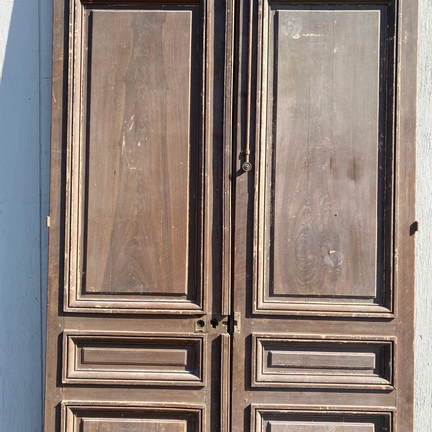 Prächtige hohe 9,5 Fuß hohe französische kunstvoll bemalte, geschnitzte, getäfelte Doppeltüren mit Paneelen (Französisch) im Angebot