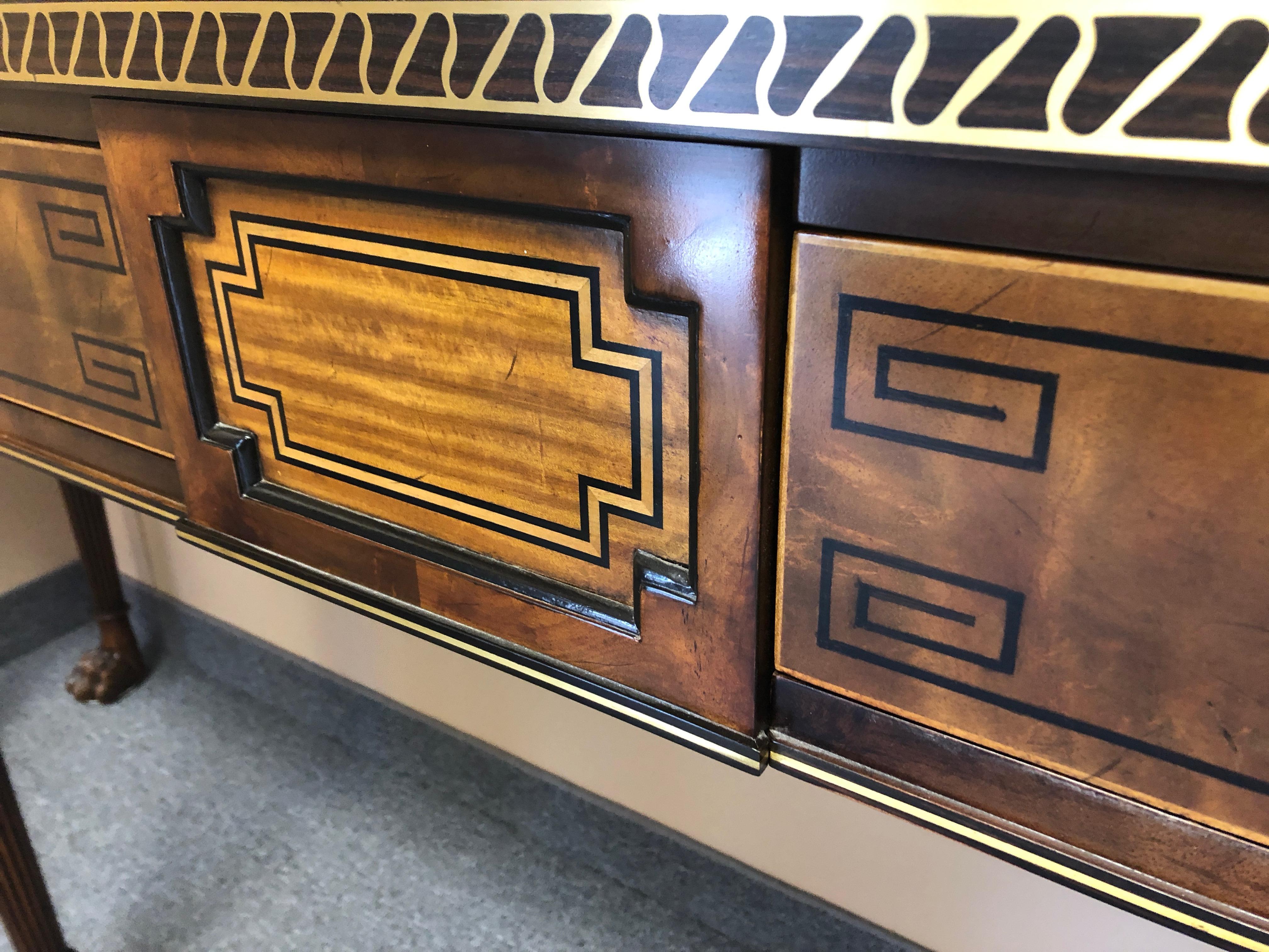 Mahogany Magnificent Theodore Alexander Brooks Console with Brass Inlay and Greek Key