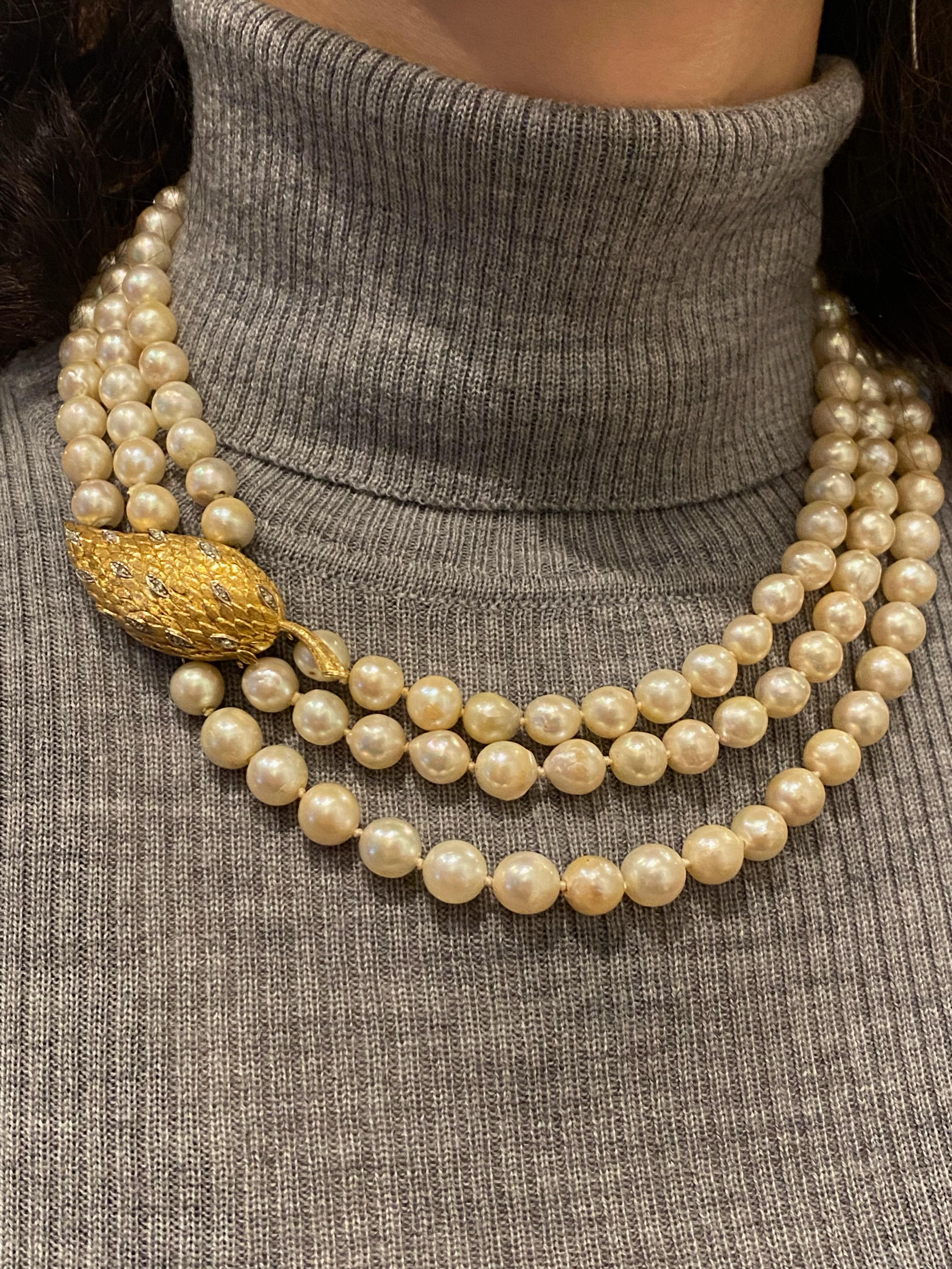 Women's Magnificent Three-Strand Pearl Necklace (Elizabeth II Style) Gold Diamond Clasp