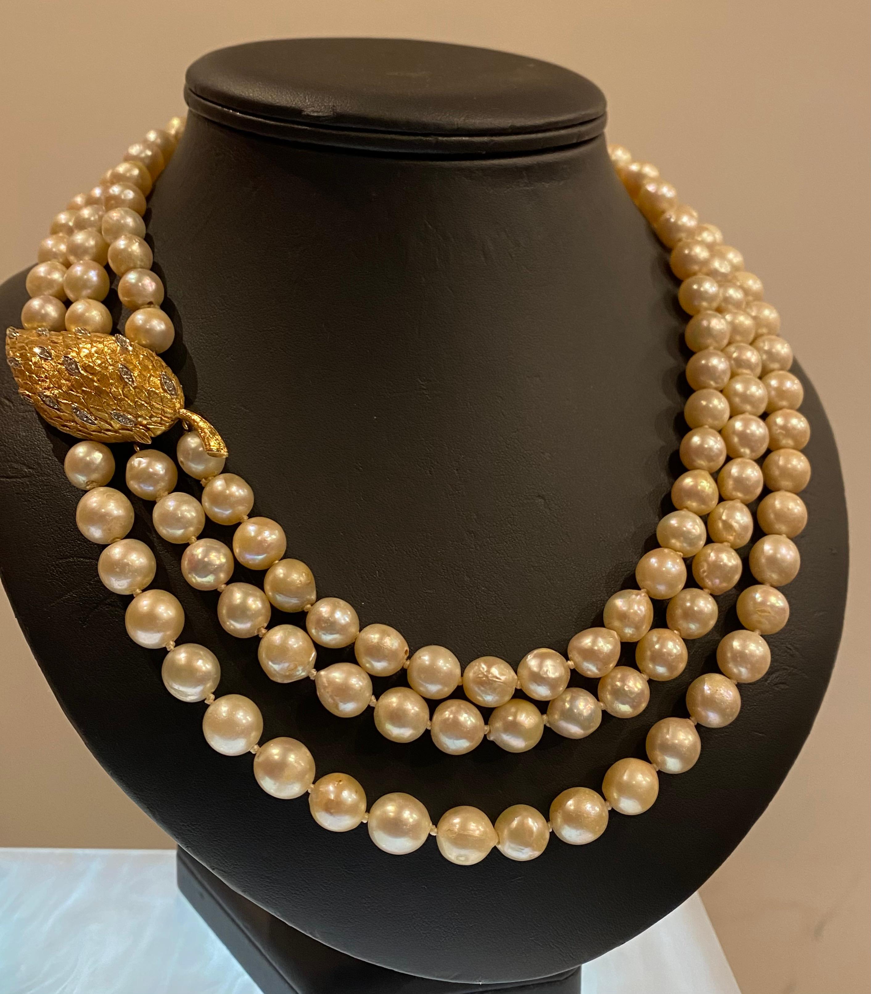 Magnificent Three-Strand Pearl Necklace (Elizabeth II Style) Gold Diamond Clasp 1
