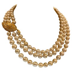 Vintage Magnificent Three-Strand Pearl Necklace (Elizabeth II Style) Gold Diamond Clasp