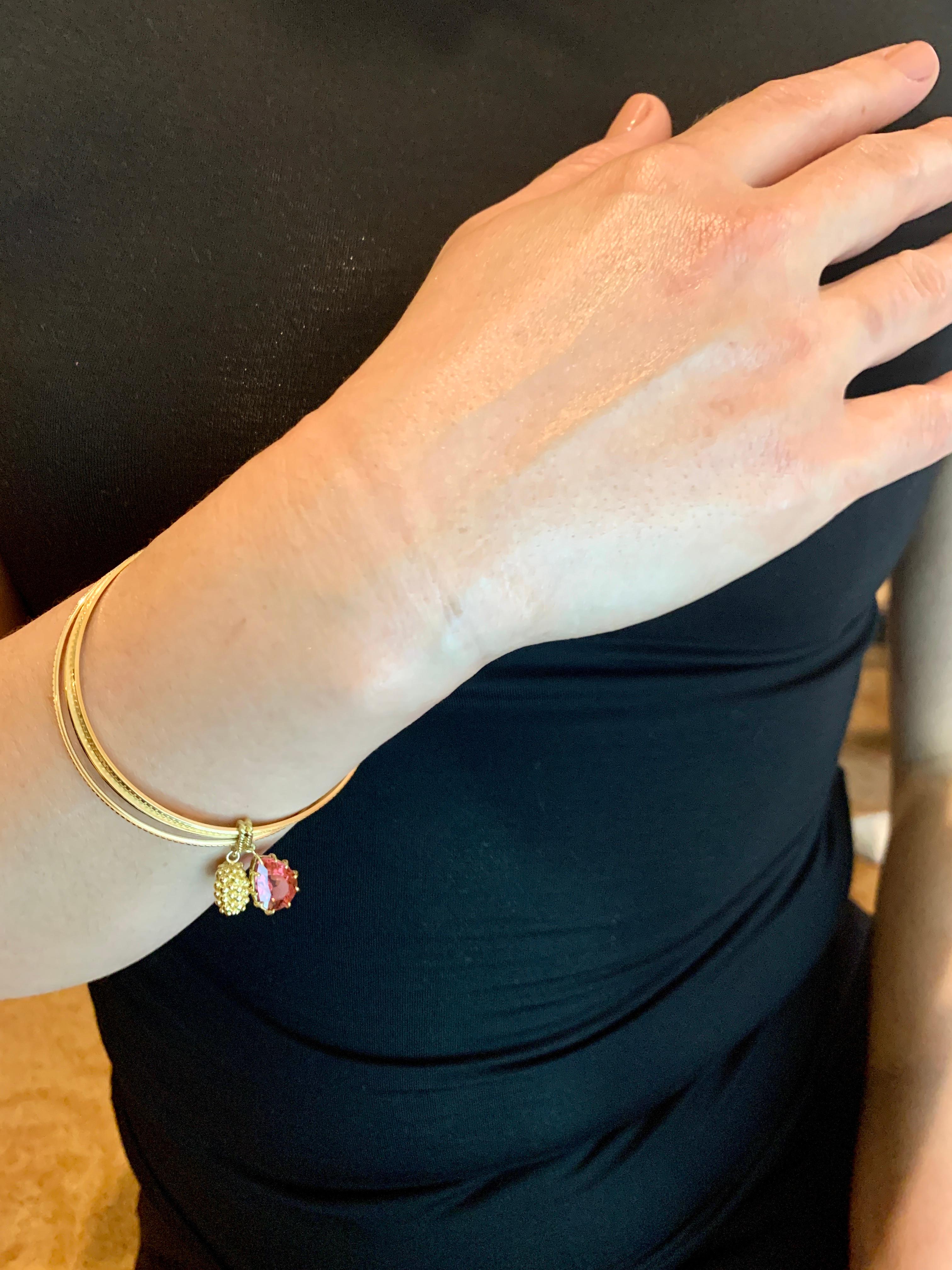 Magnificent Three Yellow Gold Bangle Attached by Pink Tourmaline and Gold Charm 3