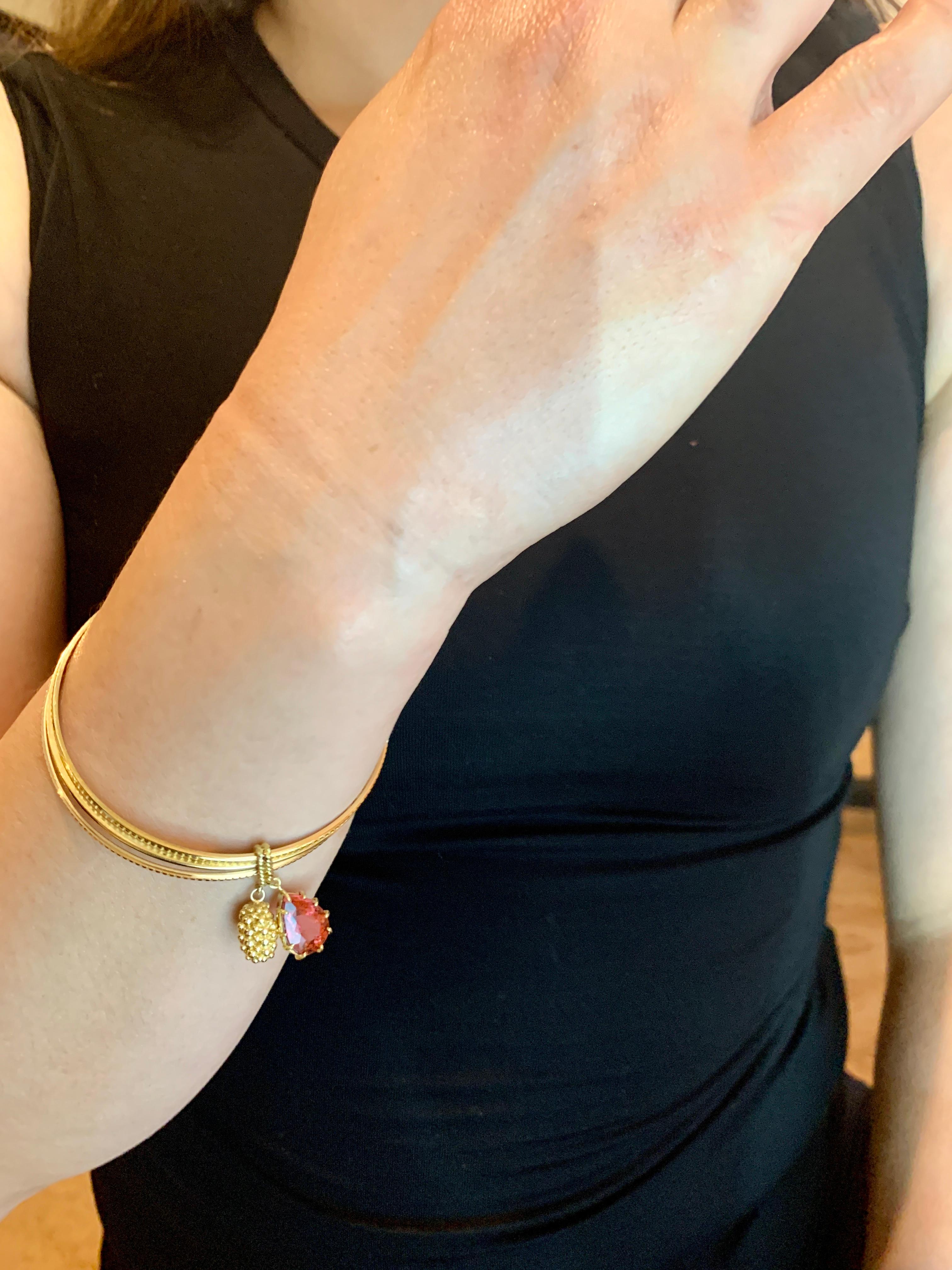Magnificent Three Yellow Gold Bangle Attached by Pink Tourmaline and Gold Charm 4