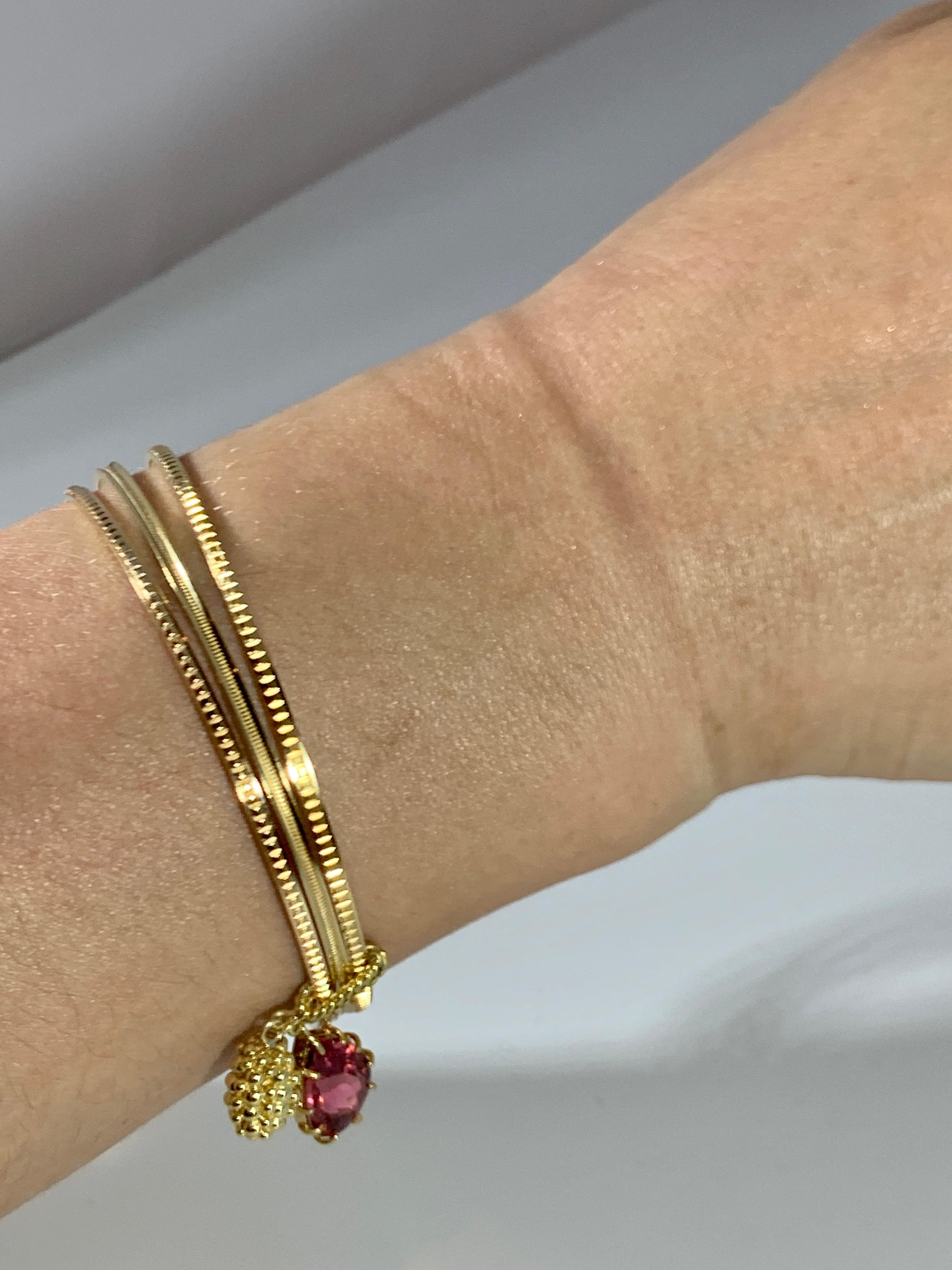 Magnificent Three Yellow Gold Bangle Attached by Pink Tourmaline and Gold Charm 5