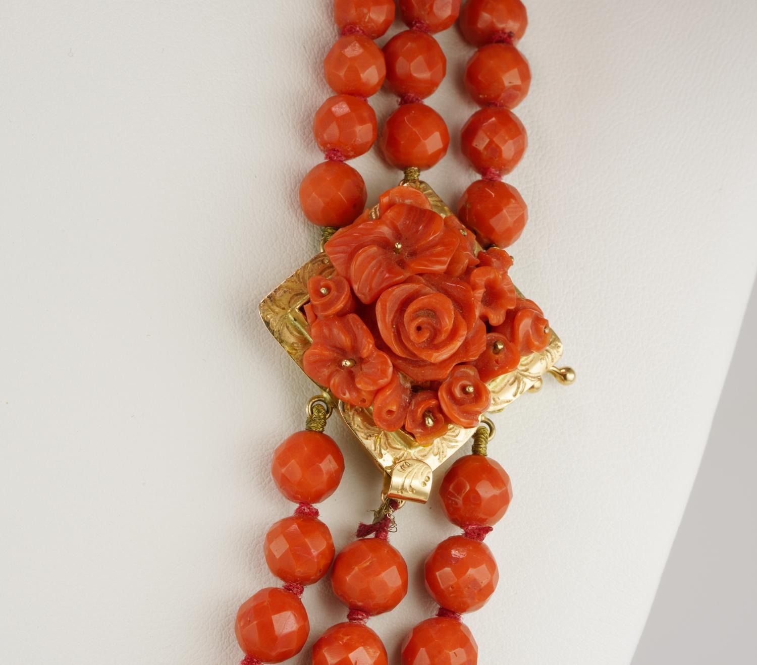 Seas Red Treasures 

Magnificent Victorian necklace dating 1870 ca
Stunning find! Comprising three strands of marvellous 100% natural Mediterranean Coral, all even RED colour, untreated, hand faceted, round beads – ranging in measure from 8 mm. to