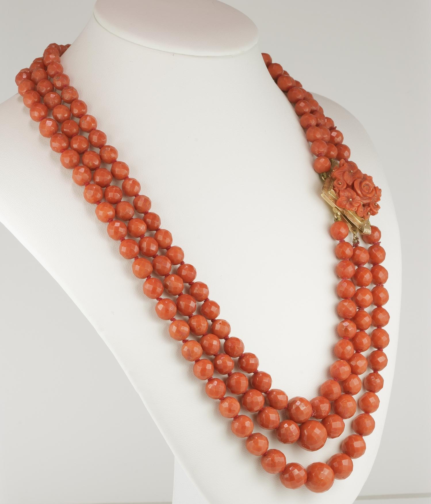 Victorian Magnificent Triple Strand Natural Mediterranean Coral Necklace For Sale