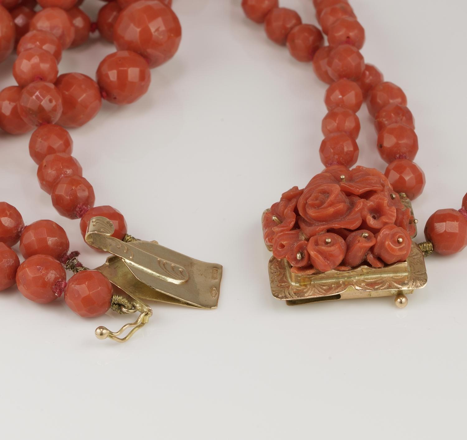 Women's Magnificent Triple Strand Natural Mediterranean Coral Necklace For Sale