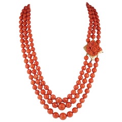 Magnificent Triple Strand Natural Mediterranean Coral Necklace