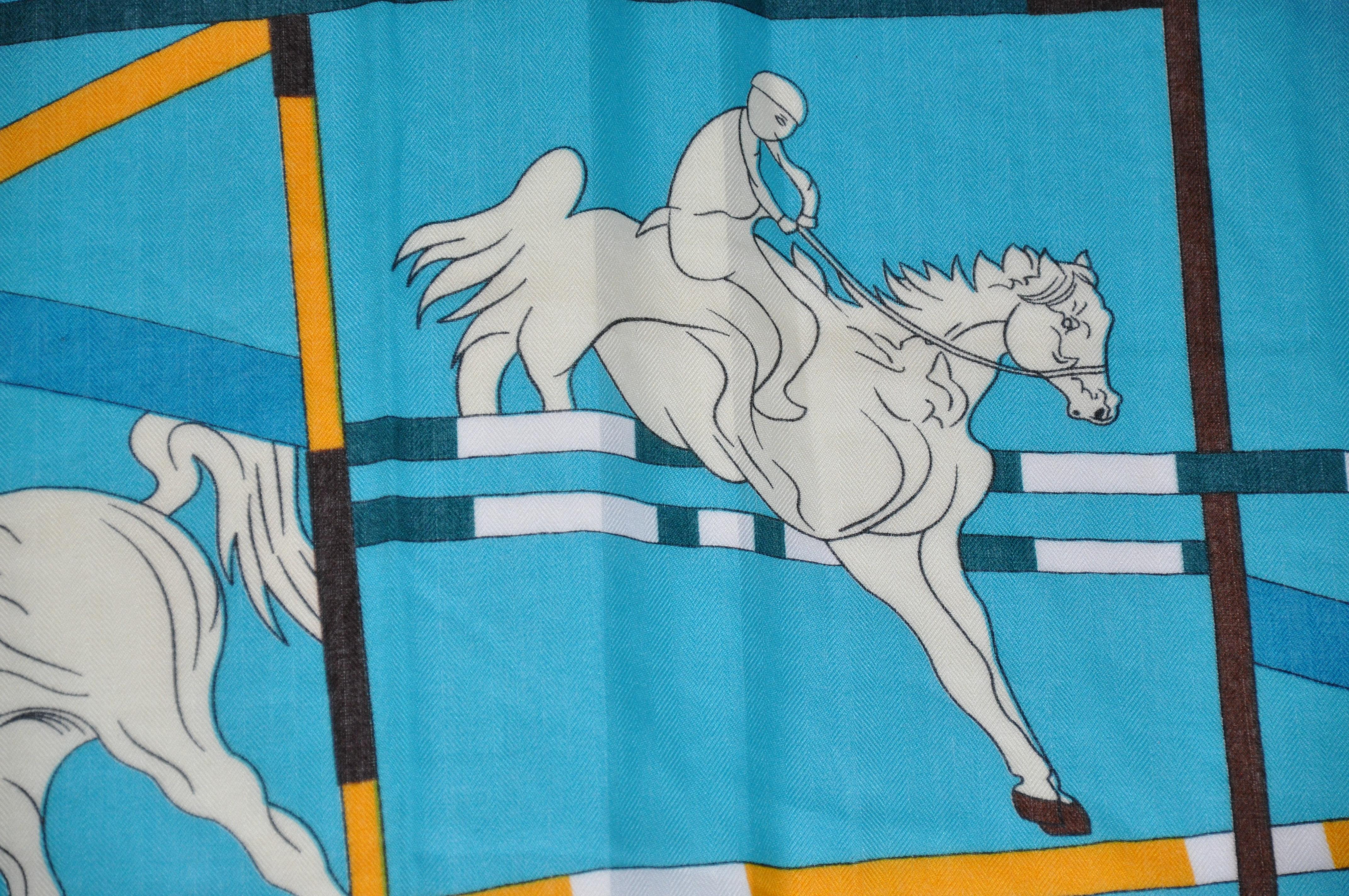 Magnifique châle en laine mélangée Turquoise et Coco Brown « Showcase of Horses » Unisexe en vente